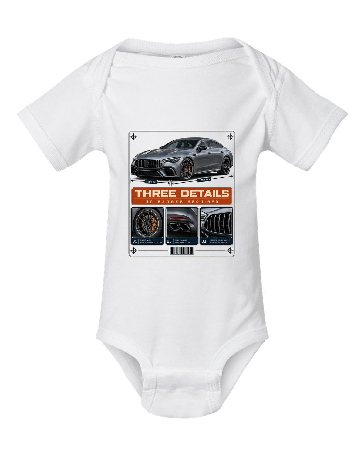 Mercedes-AMG GT 63 S 4-Door X290 dossier panel design in slate and orange white baby onesie front view with the design