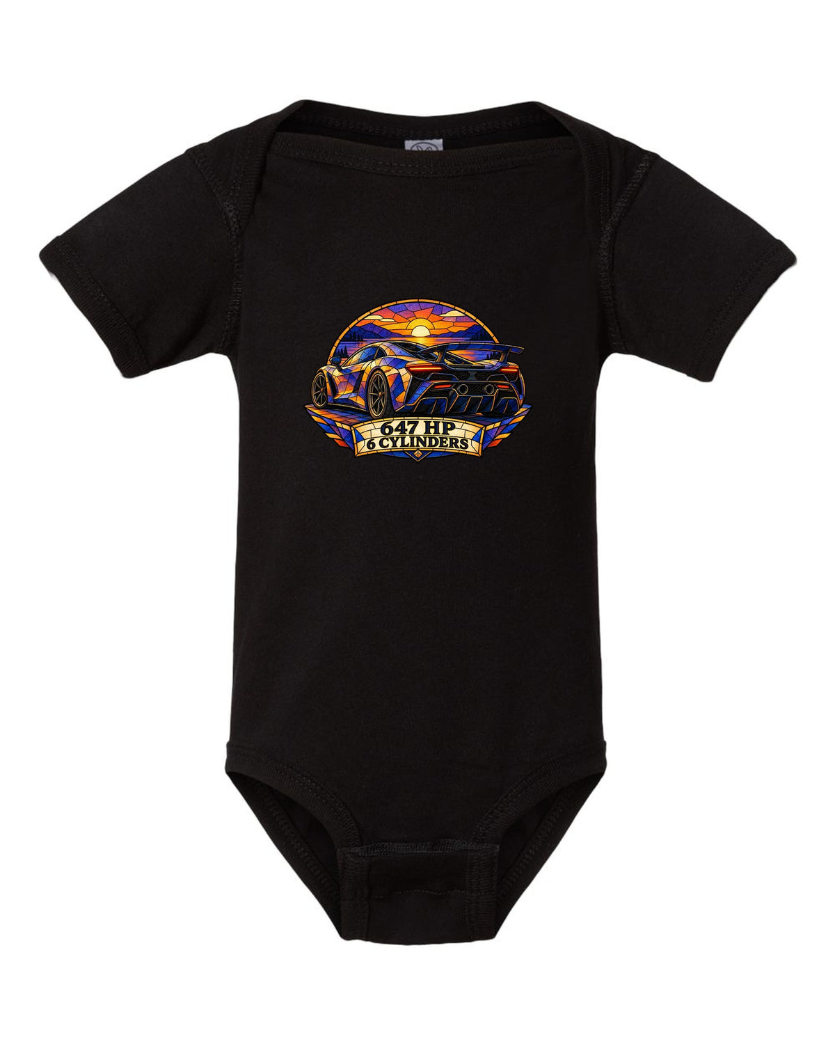 Ford GT 2017-2022 buttress profile in a stained-glass geometric print black baby onesie front view with the design