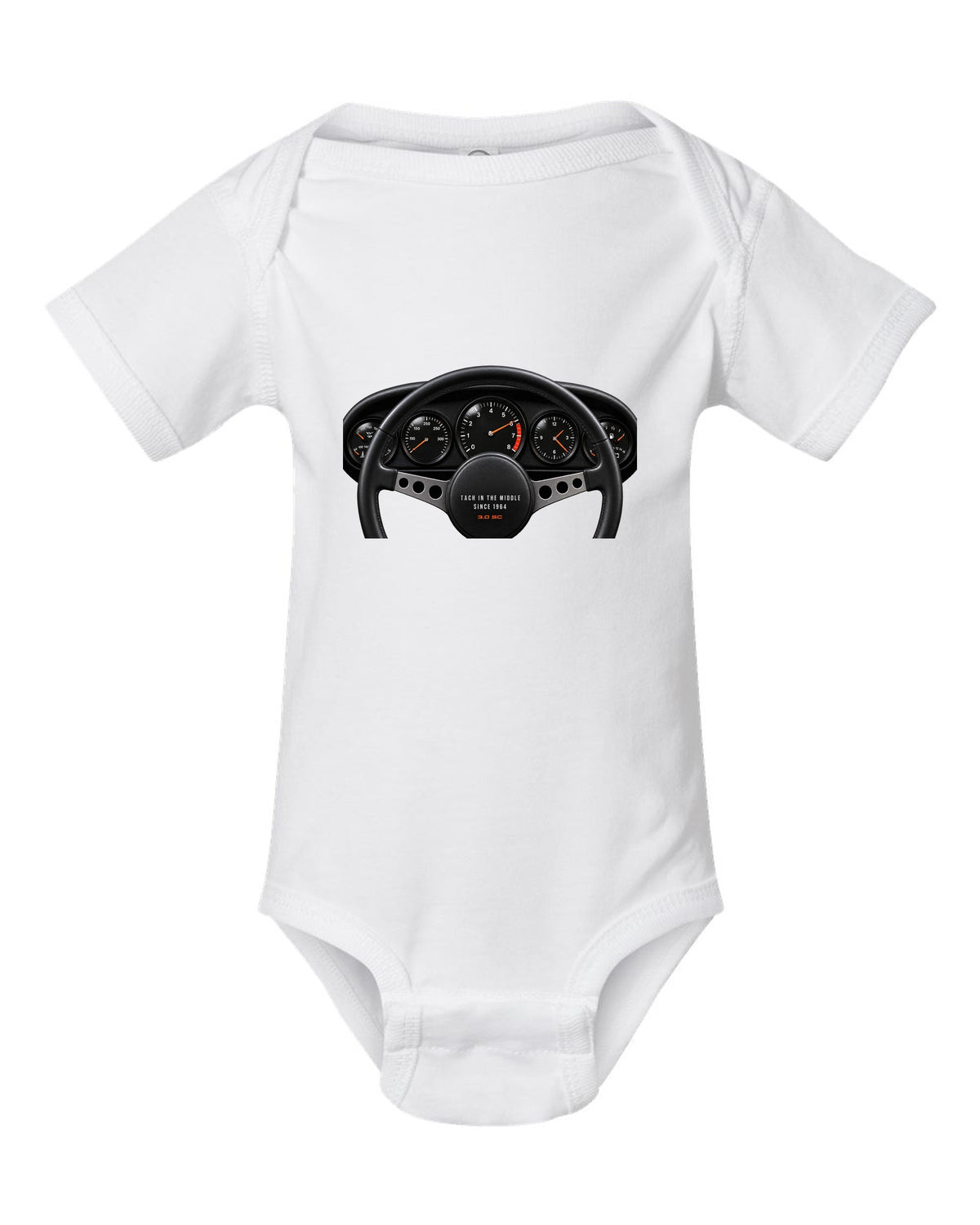 Cockpit gauge print of a Porsche 911 SC Targa with centre tachometer and the line Tach In The Middle Since 1964 white baby onesie front view with the design