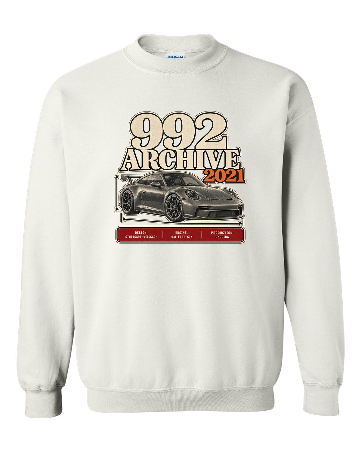 Porsche 992 GT3 archive panel print design white crewneck front view with the design