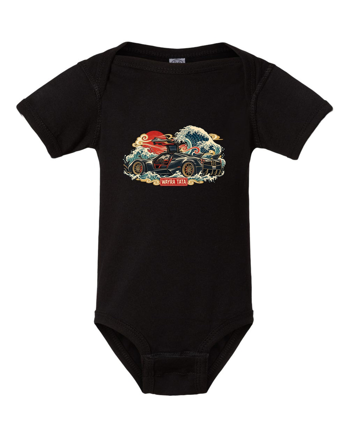 Ukiyo-e woodblock style print of a Pagani Huayra with Wayra Tata lettering black baby onesie front view with the design