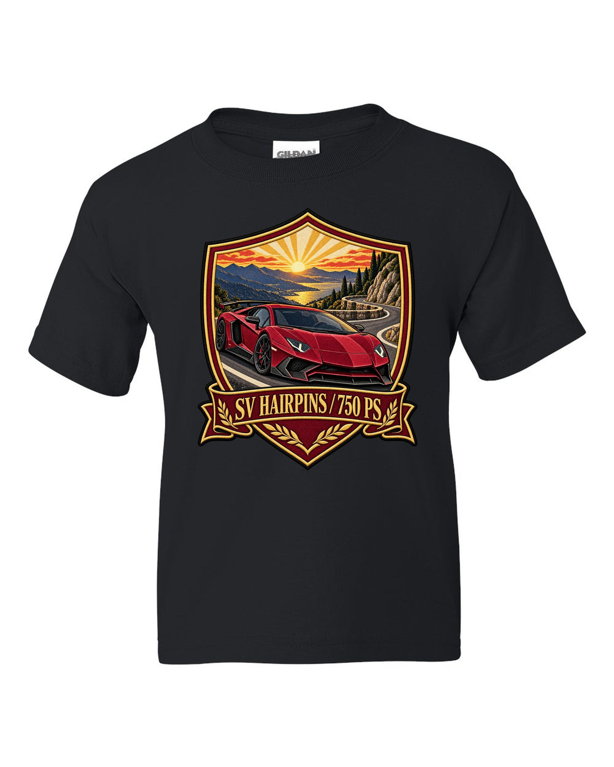 Embroidery-style shield crest of a Lamborghini Aventador LP750-4 SV on a golden hour hairpin black kids tee front view with the design