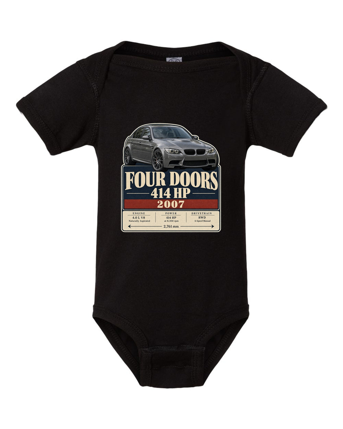BMW M3 E90 saloon archive panel print black baby onesie front view with the design