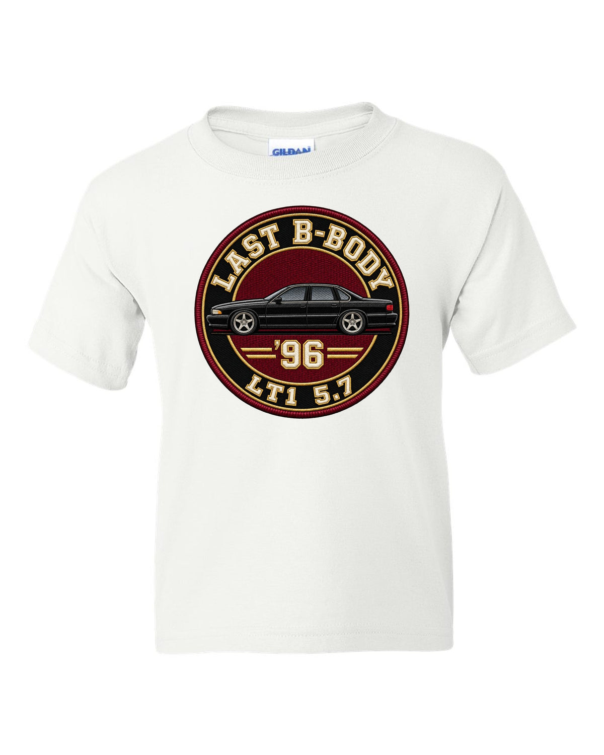 Varsity crest print for the 1996 Chevrolet Impala SS reading Last B-Body, '96, LT1 5.7 white kids tee front view with the design