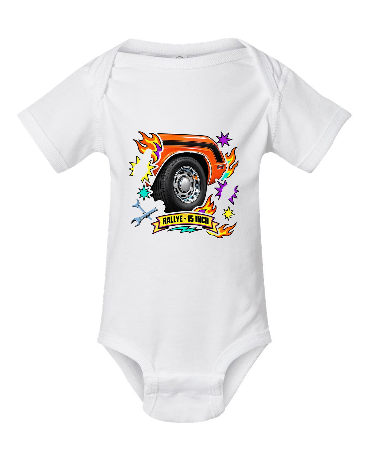 Sticker-bomb collage print of a 1970 Dodge Challenger R/T with Rallye wheel text white baby onesie front view with the design