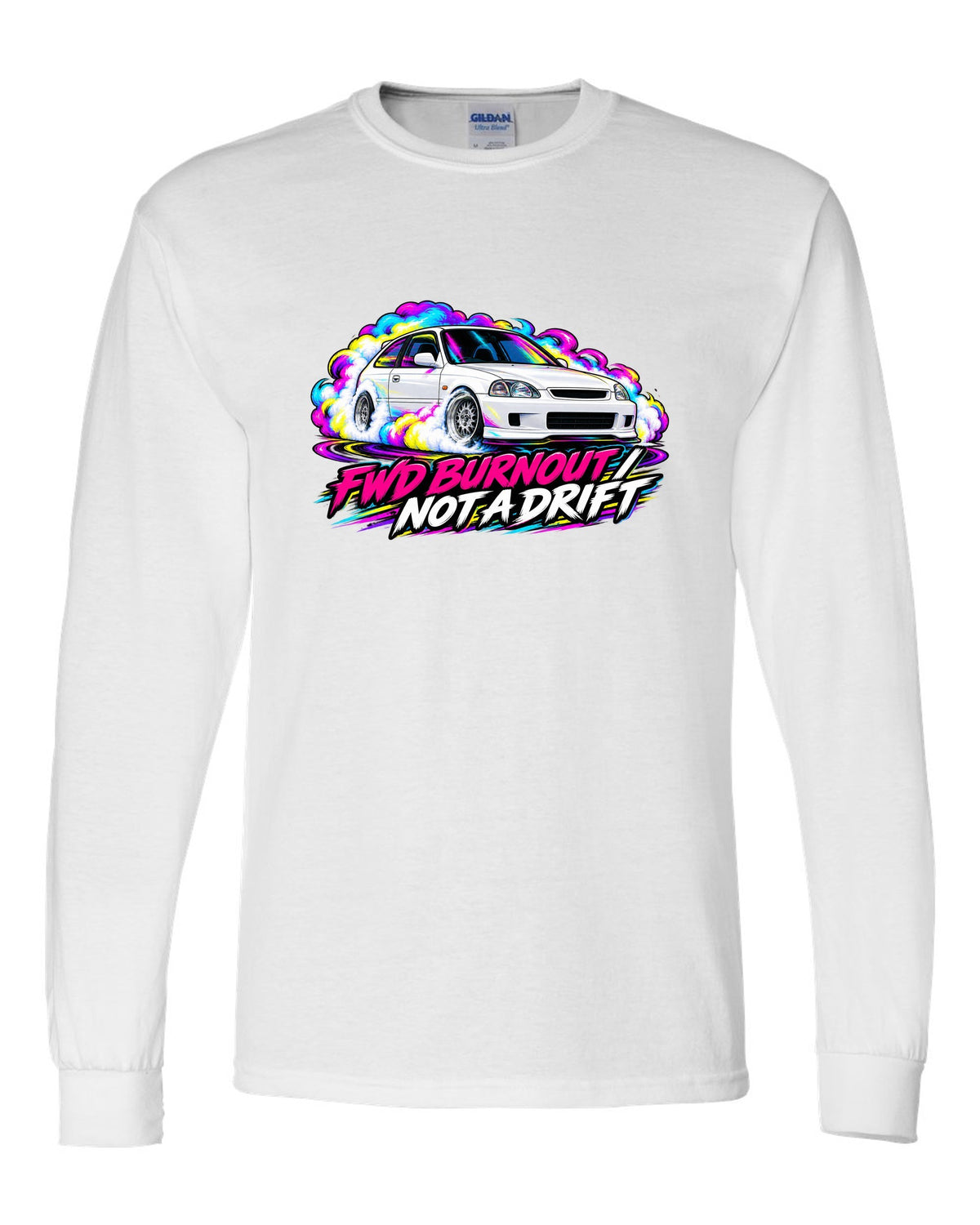 Neon pop style print of a Honda Civic Type R EK9 doing a FWD burnout with not a drift text white long sleeve front view with the design