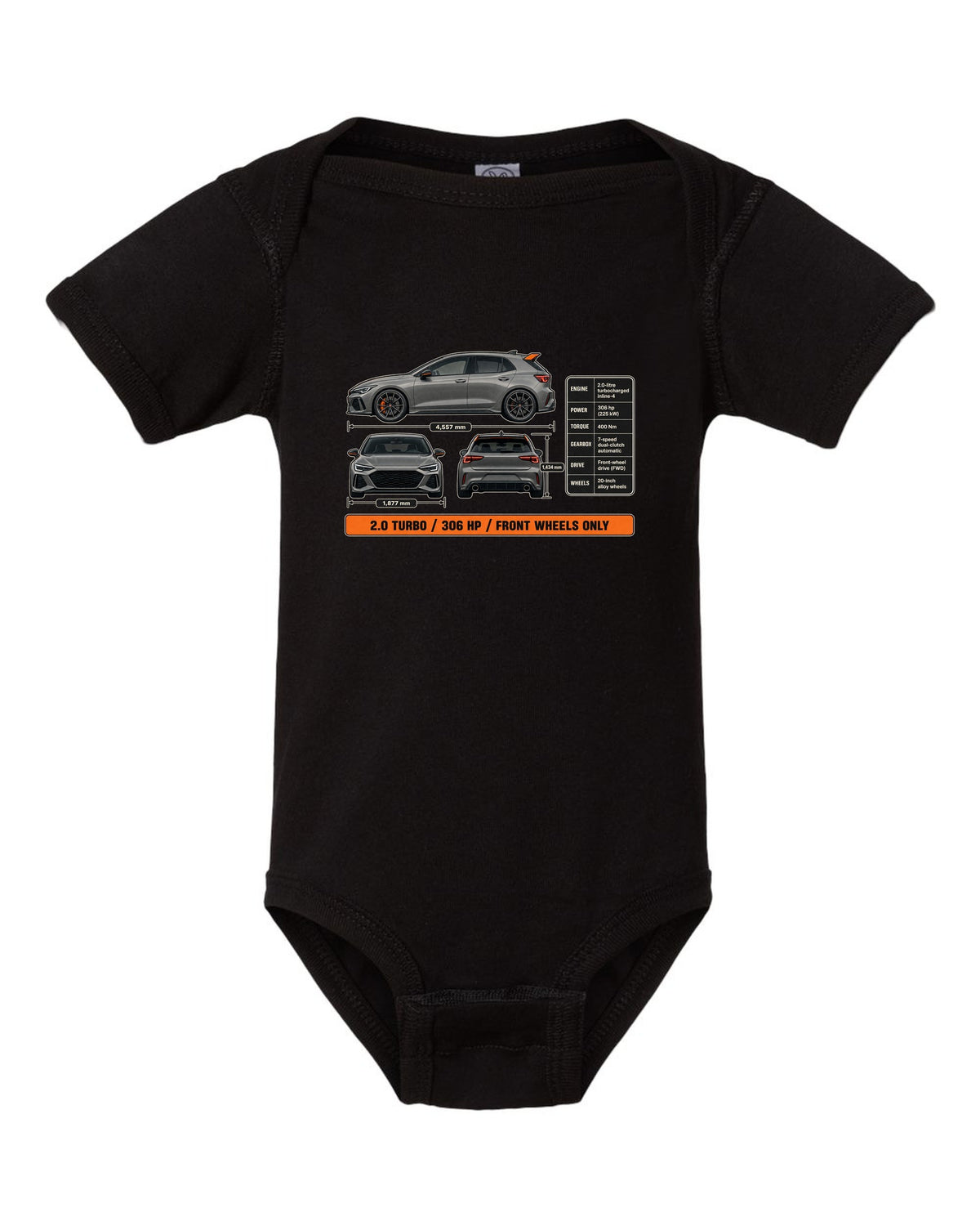 print three-view drawing of a Sonic Grey Honda Civic Type R FK8 black baby onesie front view with the design