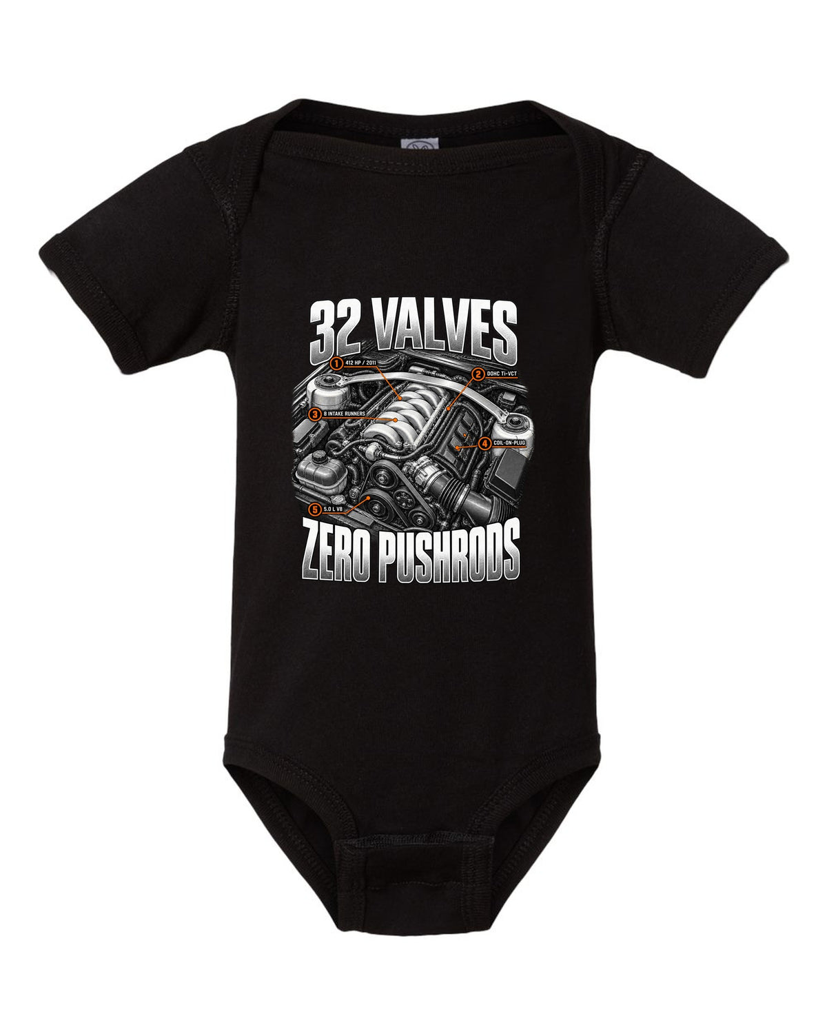 Engine hero print of a Ford Mustang S197 GT 5.0 Coyote engine, 2011-14 black baby onesie front view with the design