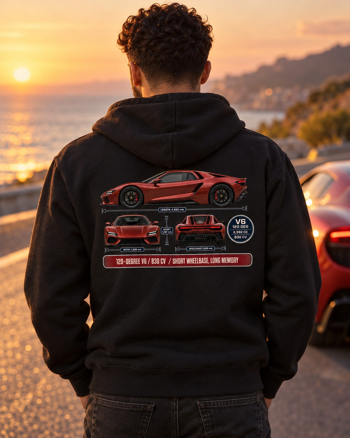 Ferrari 296 GTB Three-View Spec Table Tee, V6 Car Guy Shirt Zip Hoodie Black worn hero