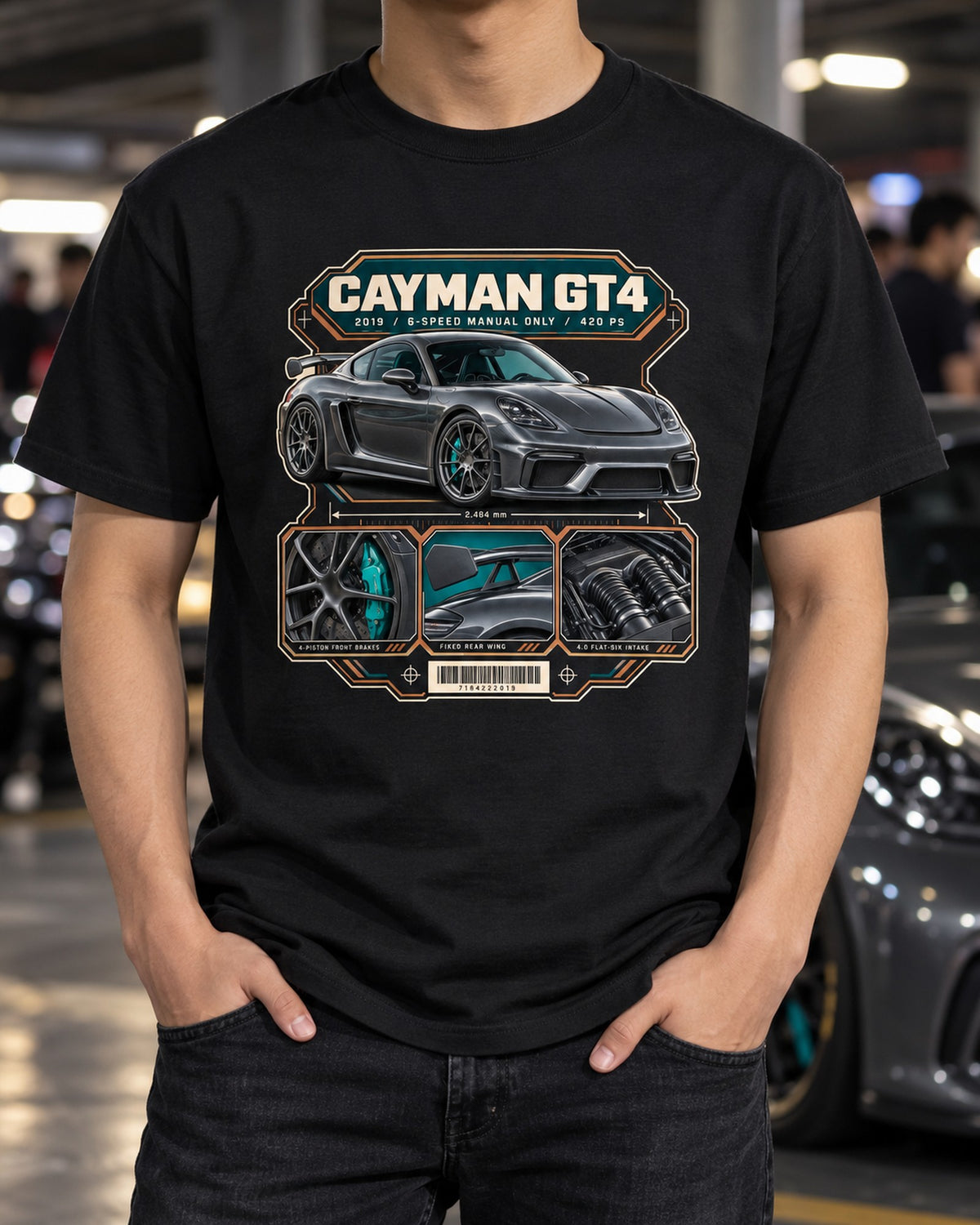 Porsche 718 Cayman GT4 982 Dossier Panel Tee, Manual Gift T-Shirt Black worn hero