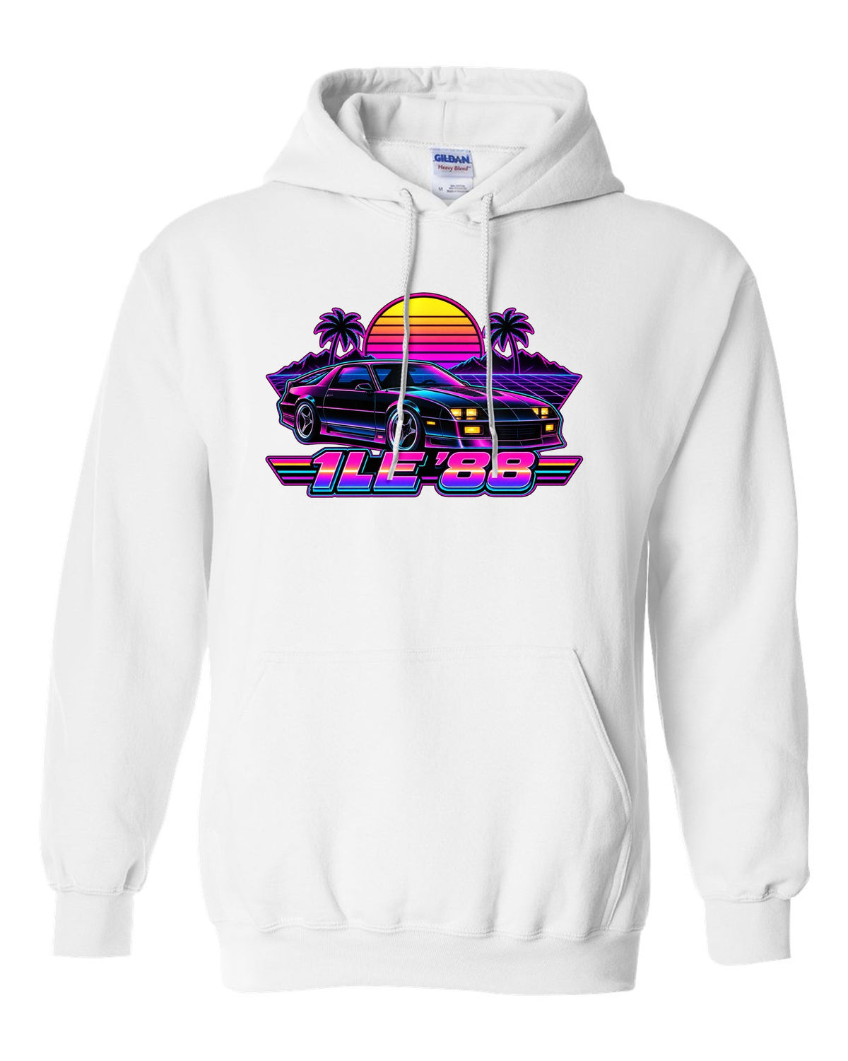 1988 Camaro 1LE third-generation against a synthwave grid horizon with a striped sun and the text 1LE '88 white pull over hoodie front view with the design