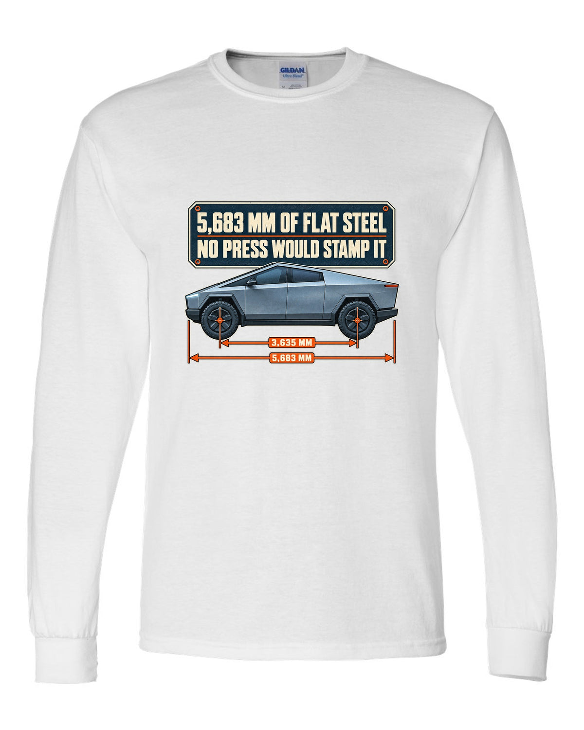 Dimension blueprint print of a Tesla Cybertruck with 5,683 mm length white long sleeve front view with the design