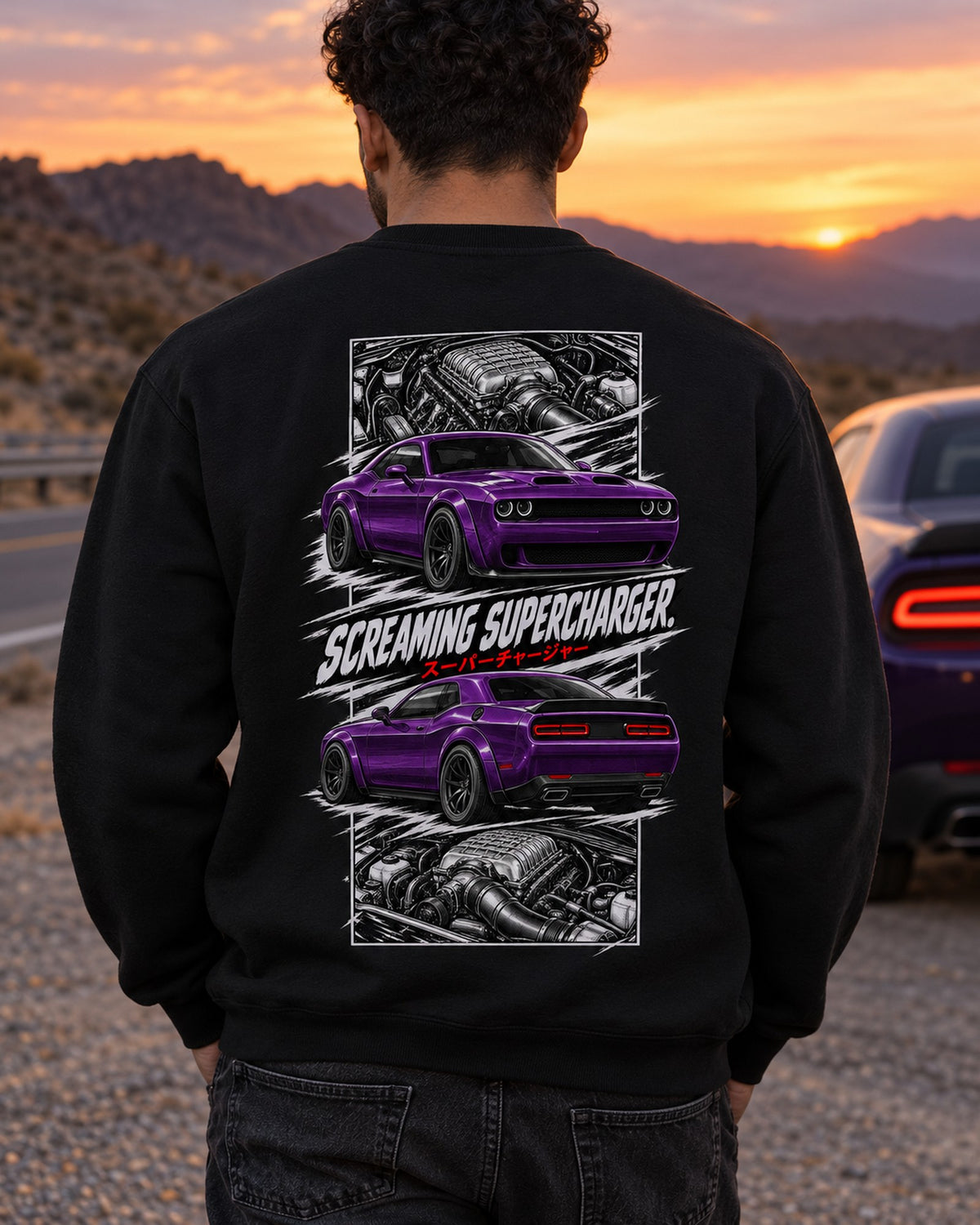 Dodge Hellcat Torn Poster Full-Back Graphic Tee Crewneck Black worn hero