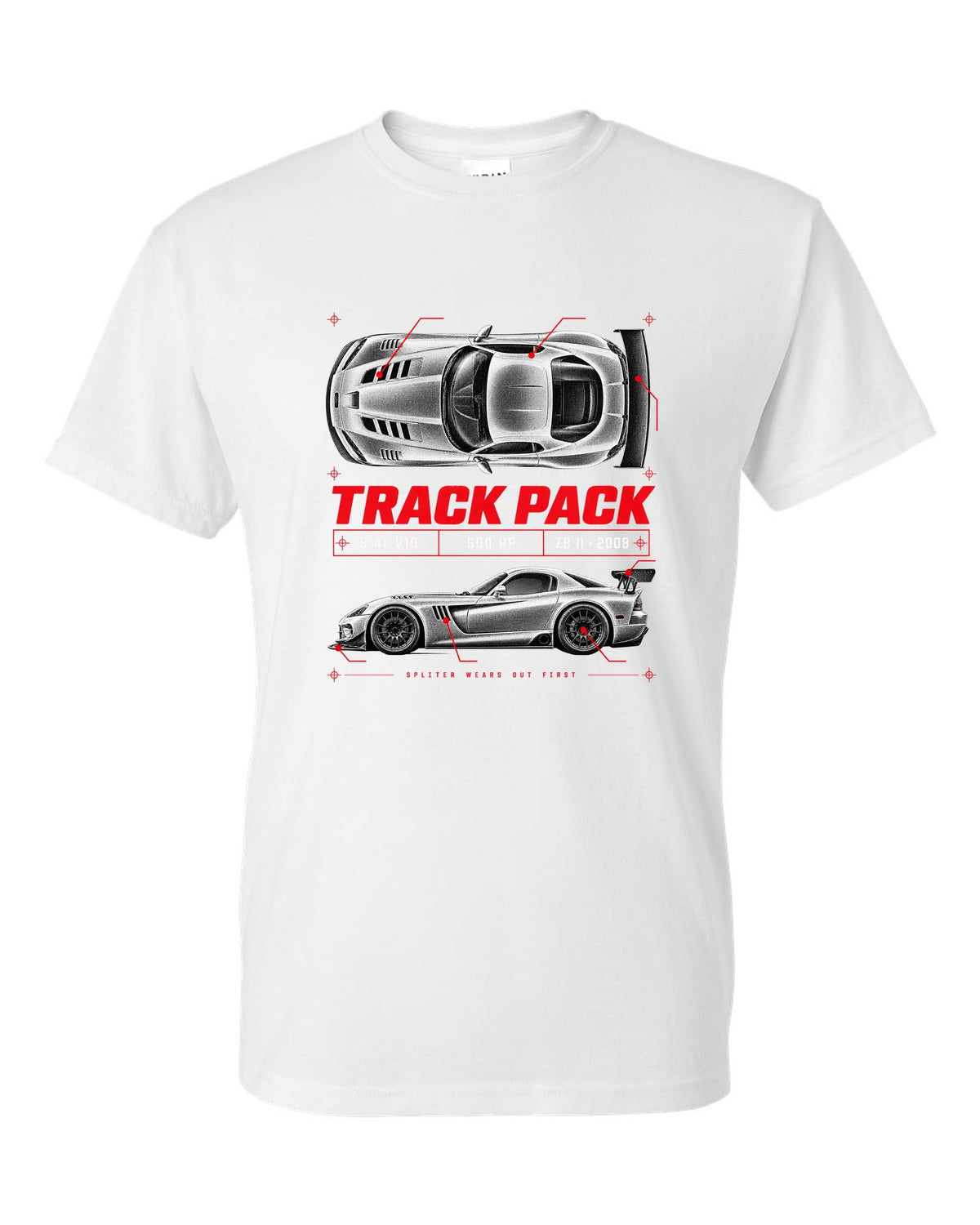Spec poster print of a 2008 Dodge Viper ACR ZB II with Track Pack, 8.4L V10 and 600 HP text white t-shirt front view with the design