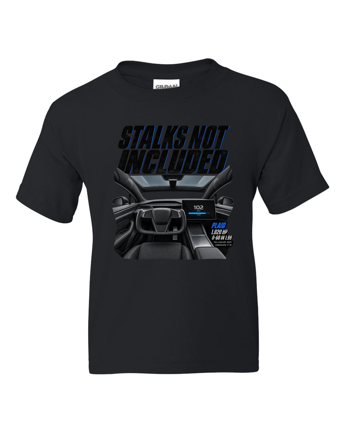 Cockpit print of a 2021 Tesla Model S Plaid Palladium with yoke and landscape screen black kids tee front view with the design