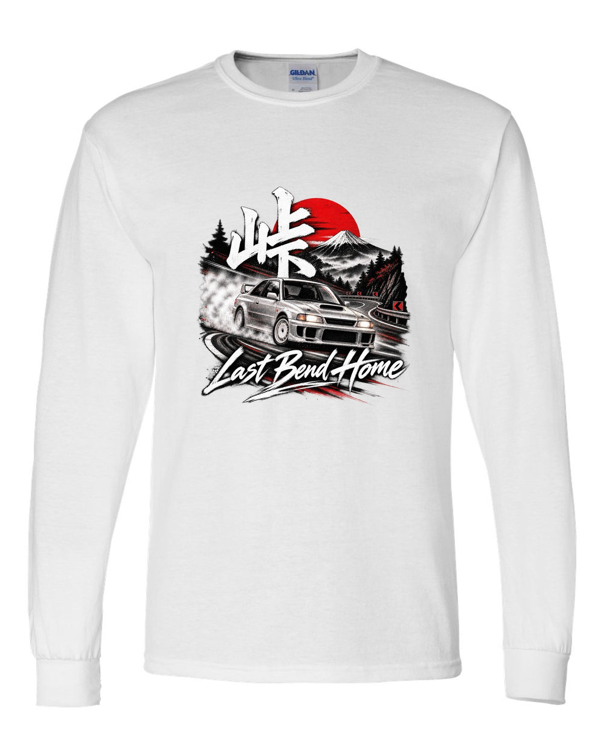 Subaru Impreza WRX GC8 coupe at a night touge bend with Last Bend Home text white long sleeve front view with the design