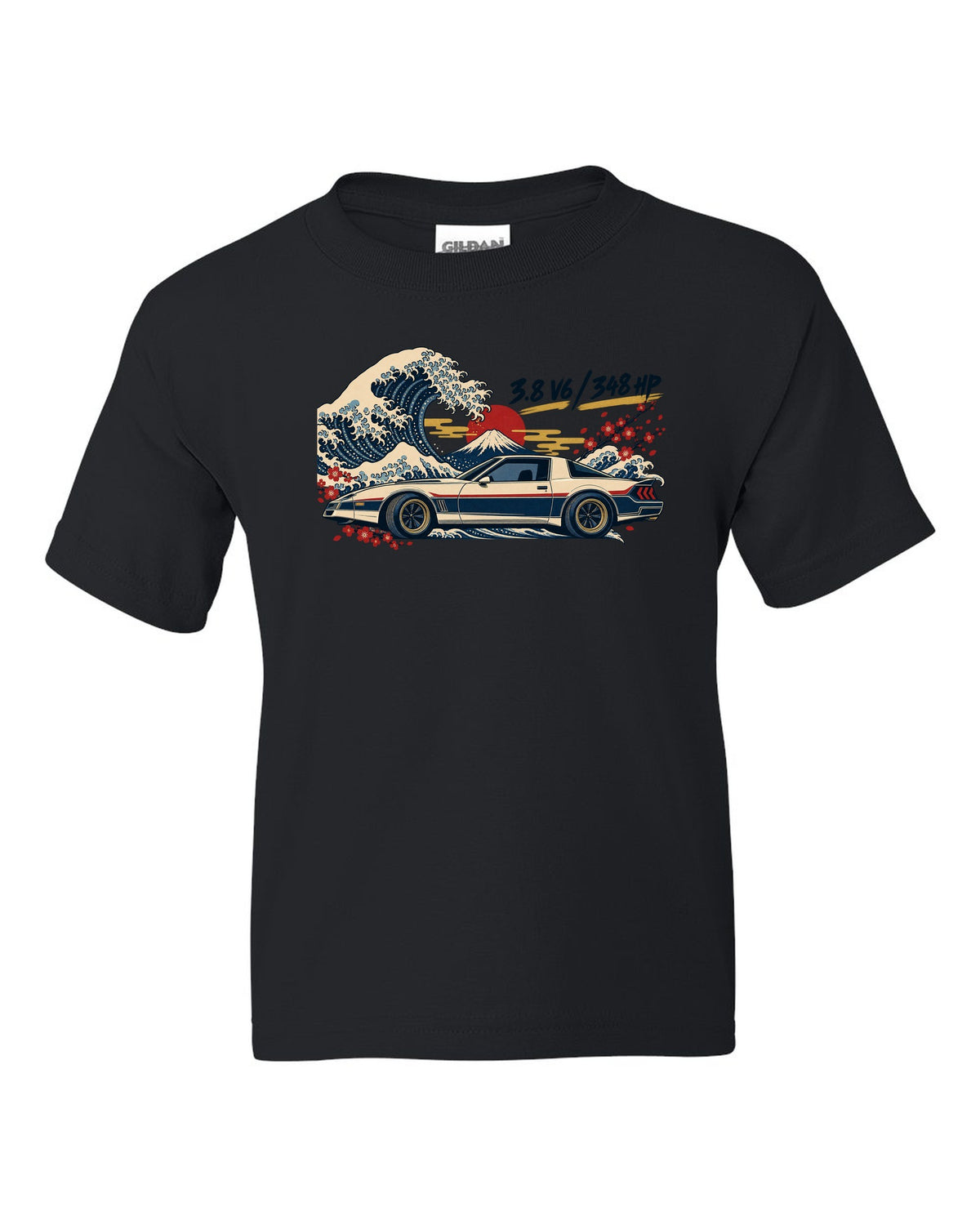 Ukiyo-e woodblock print of a Hyundai Genesis Coupe BK2 with 3.8 V6 348 HP text black kids tee front view with the design