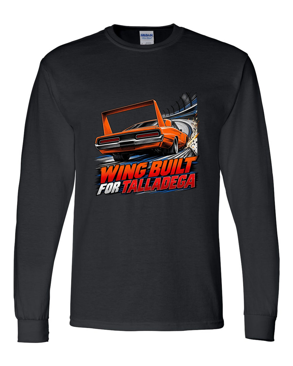 Retro manga halftone panel of a 1969 Dodge Charger Daytona with wing speed lines and Talladega text black long sleeve front view with the design