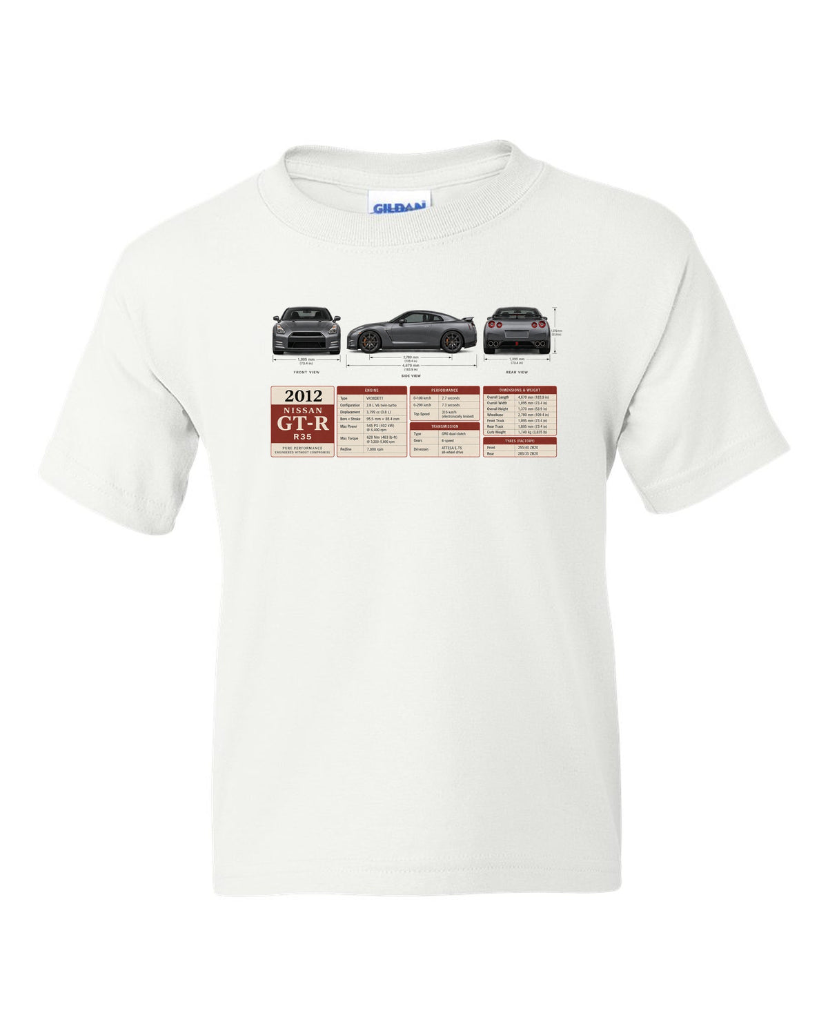 Three-view drawing and spec table of a 2012 Nissan GT-R R35 in graphite grey white kids tee front view with the design