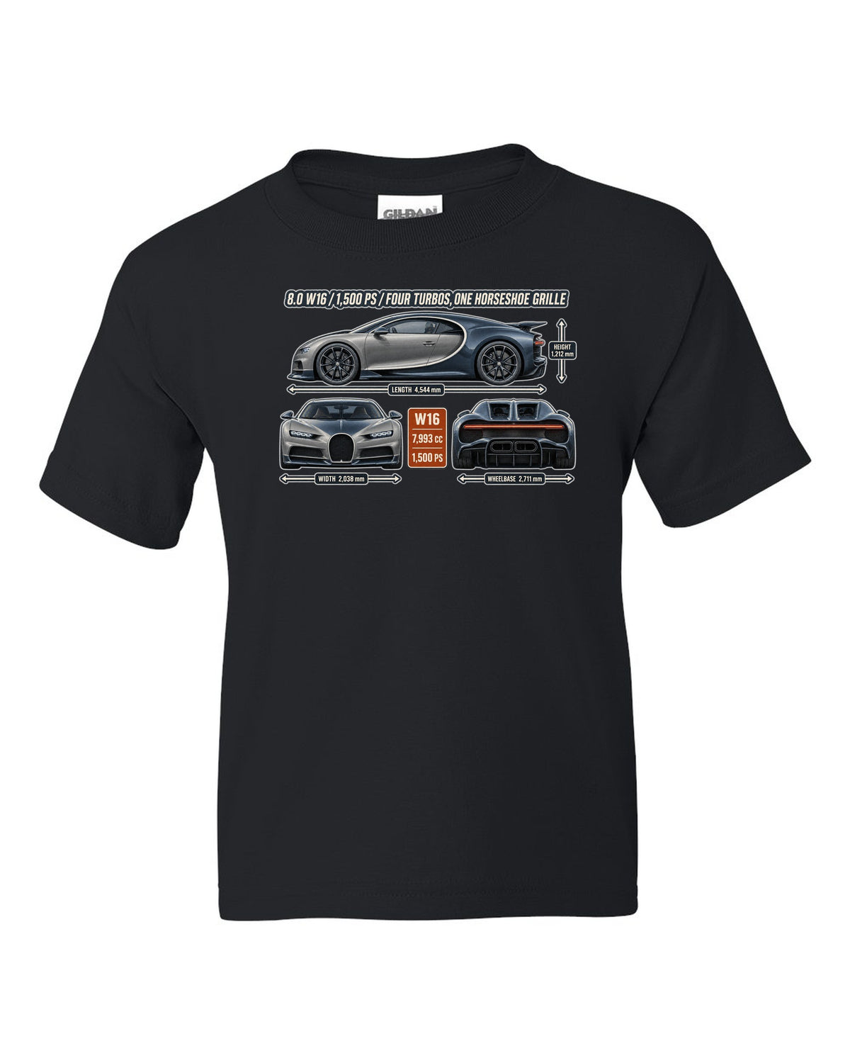 print three-view drawing with spec table of a Bugatti Chiron in slate blue black kids tee front view with the design