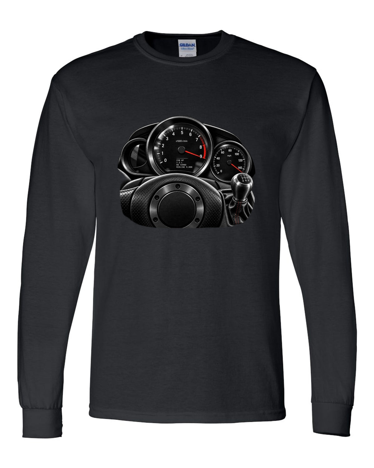 Gauge cluster print of a Mazda RX-8 SE3P with 9,000 redline lettering black long sleeve front view with the design