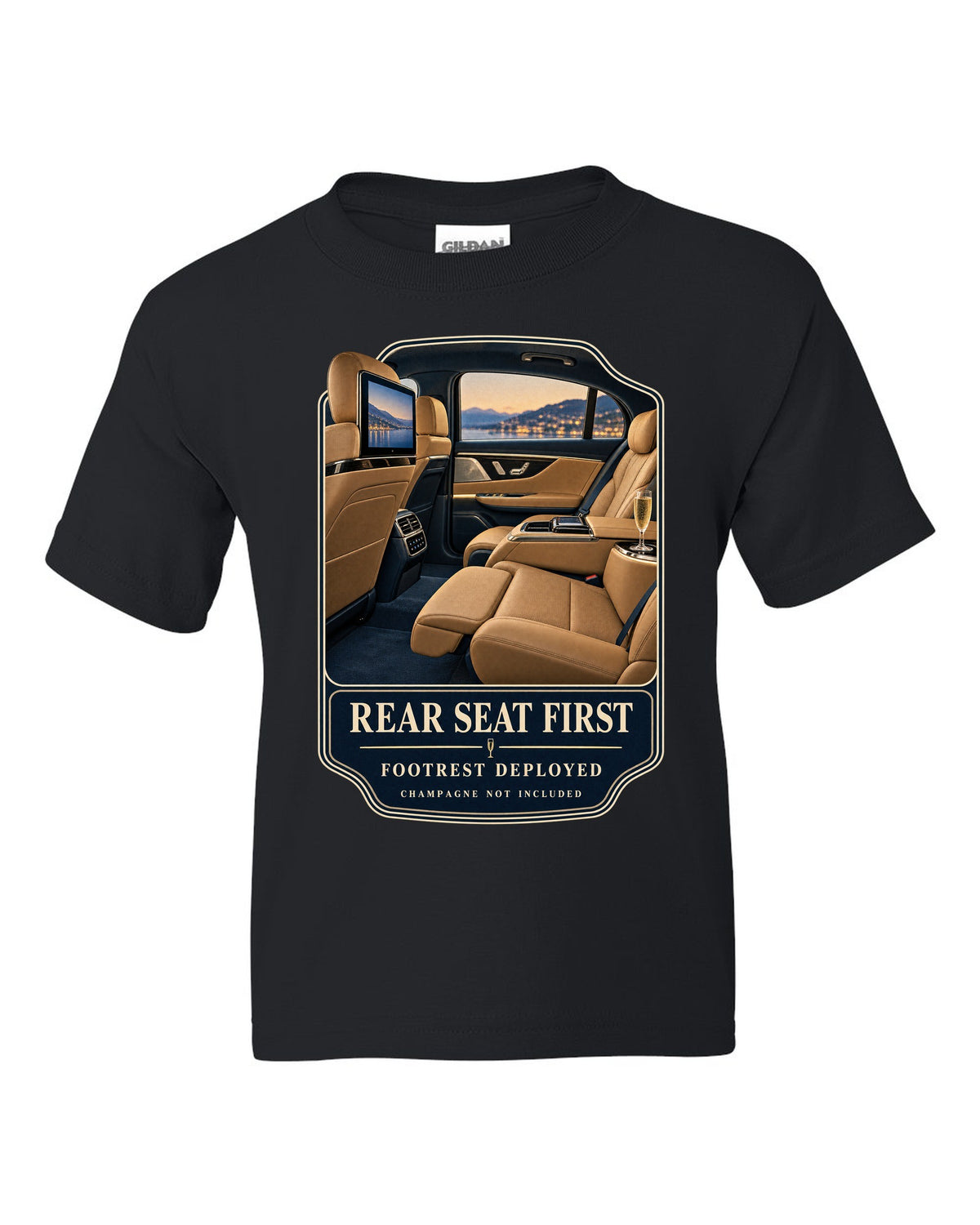 print of the Mercedes-Maybach S680 rear executive cabin with footrest deployed black kids tee front view with the design
