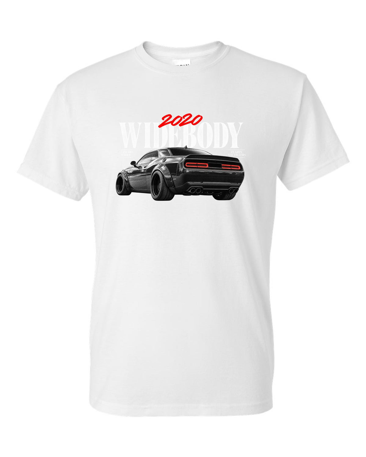 Editorial headline print of a 2020 Dodge Challenger Scat Pack Widebody with 3.5 inches wider text white t-shirt front view with the design