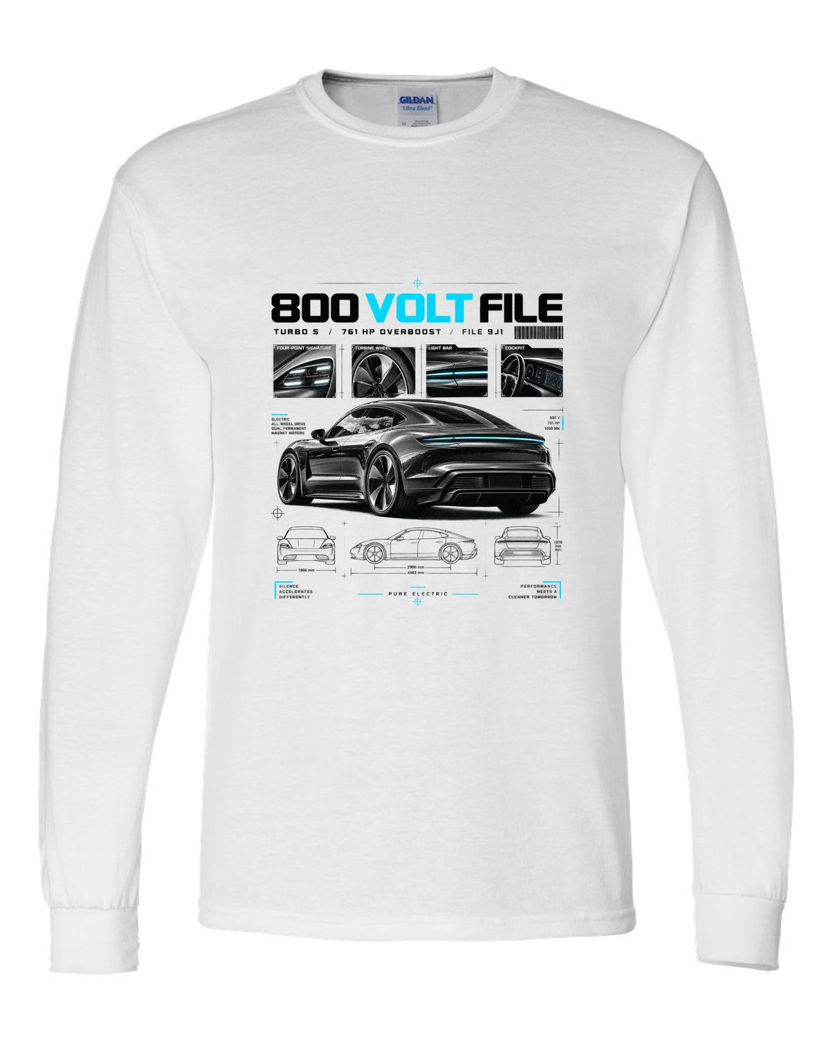 Dossier panel print of a 2020 Porsche Taycan Turbo S 9J1 with turbine wheel and light bar white long sleeve front view with the design