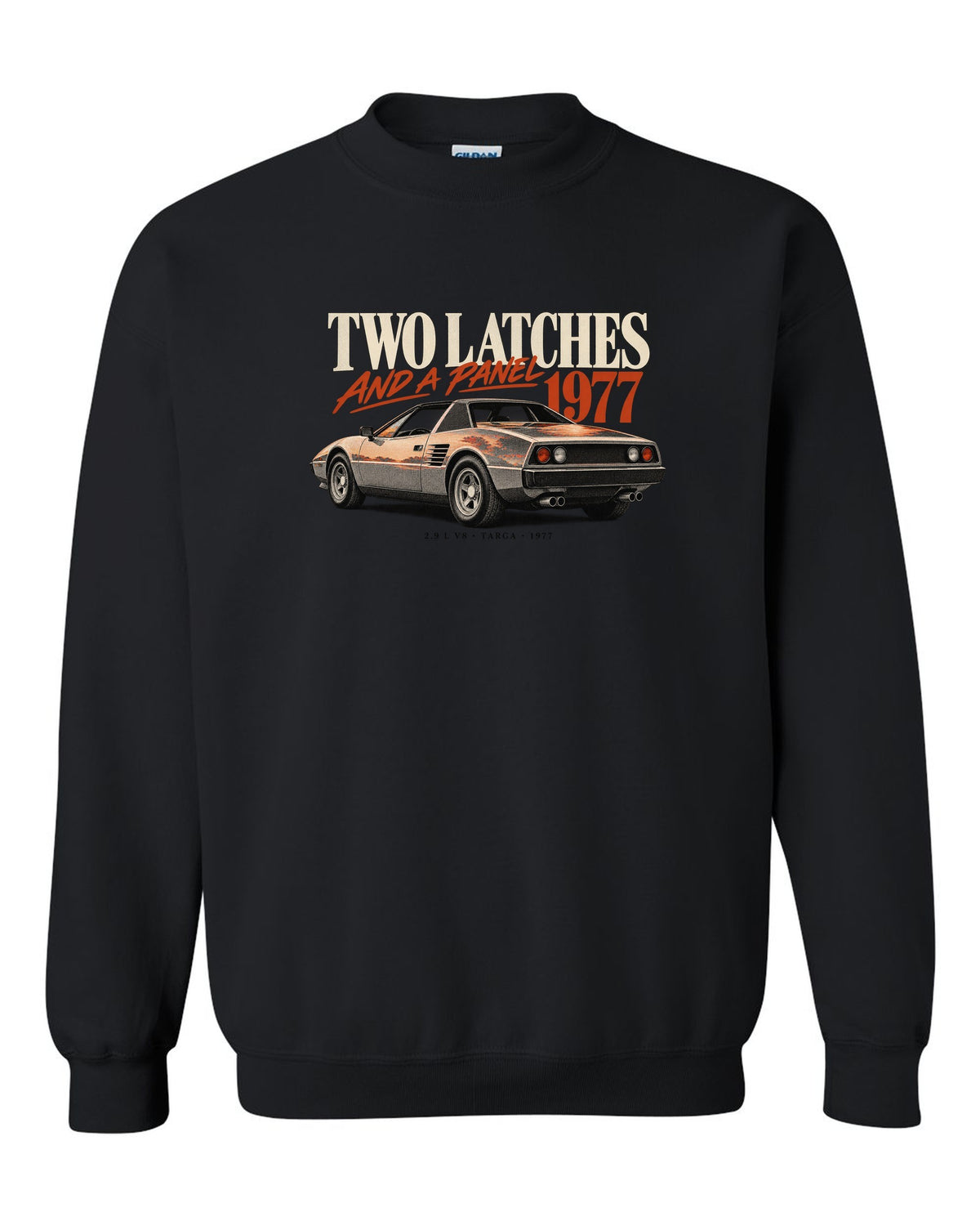 Ferrari 308 GTS 1977 rear three-quarter print, two latches and a panel, targa roof black crewneck front view with the design