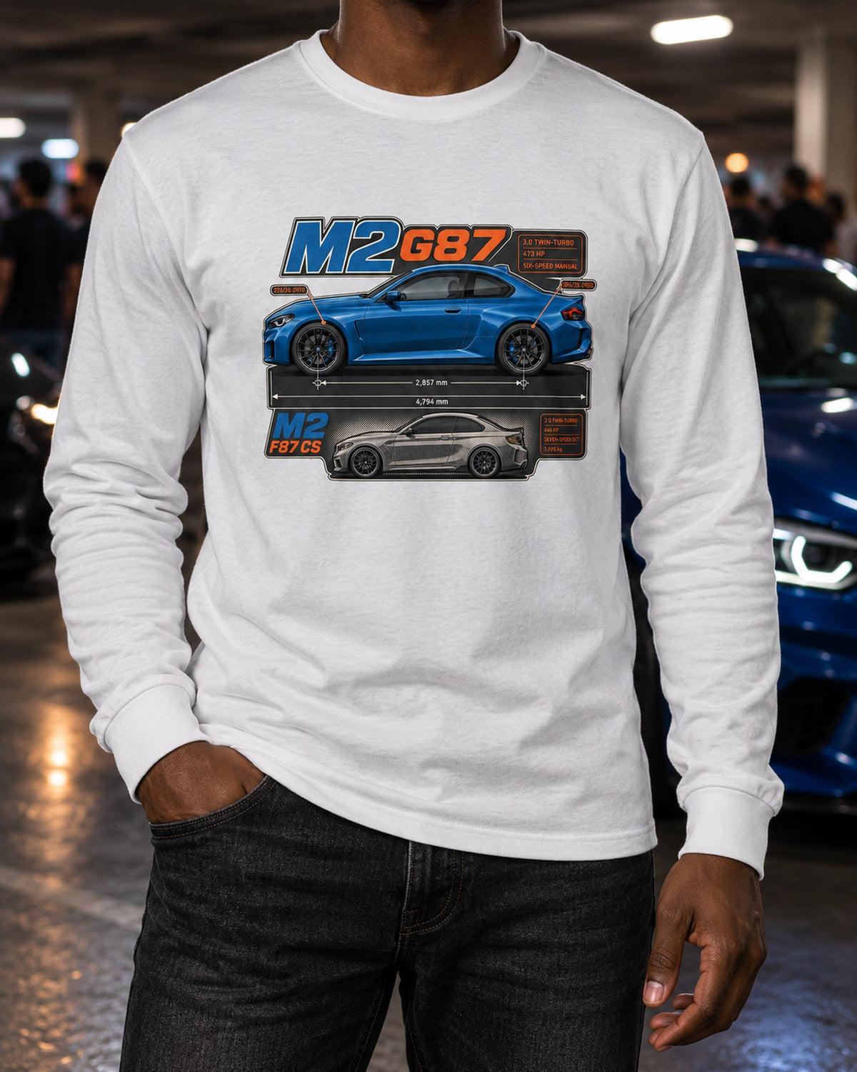 BMW M4 G82 Dimension Blueprint Shirt, Six-Speed Manual Car Tee Long Sleeve White worn hero