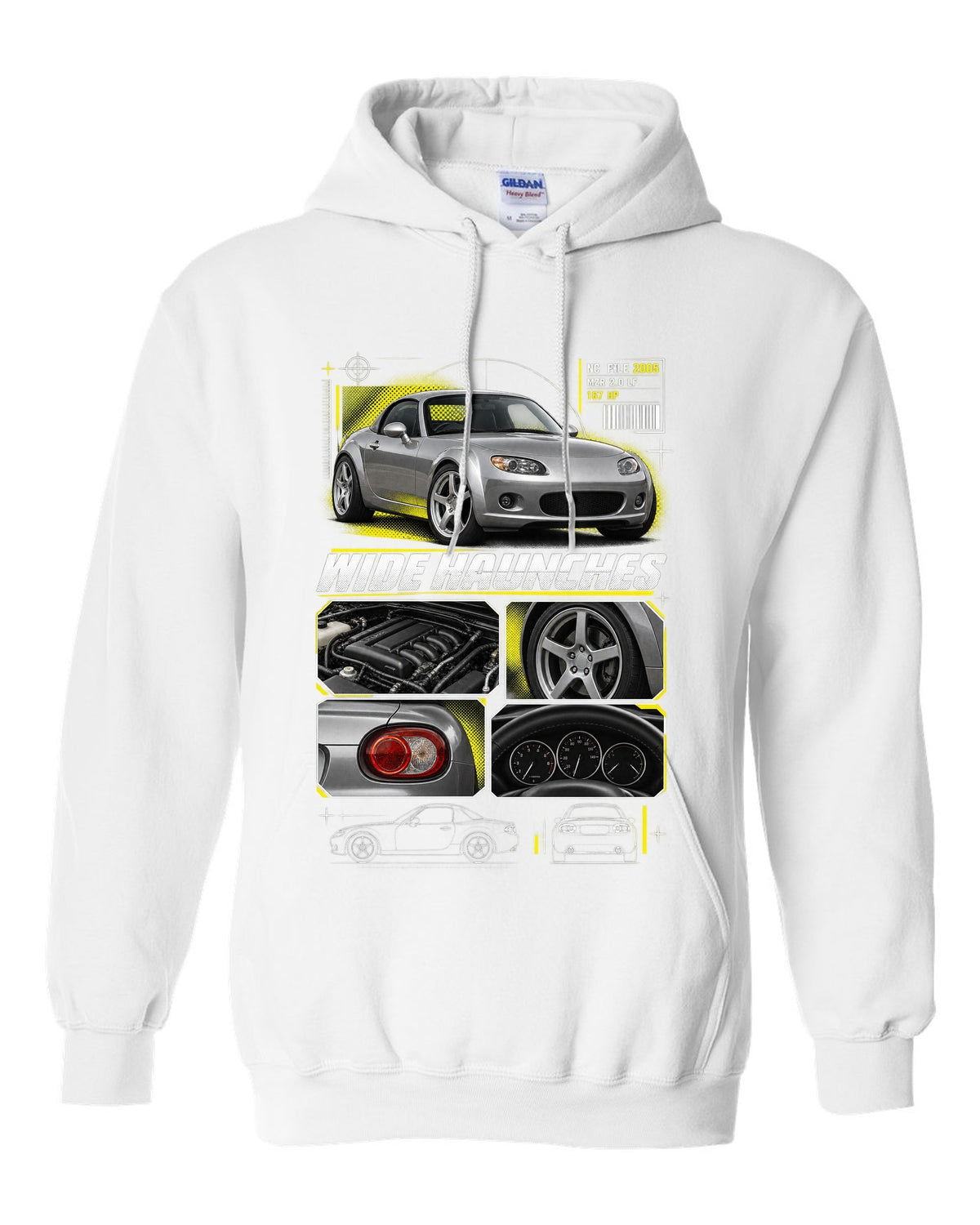 Dossier panels print for the Mazda MX-5 NC PRHT 2005-15 with MZR 2.0 LF and wide haunches white pull over hoodie front view with the design