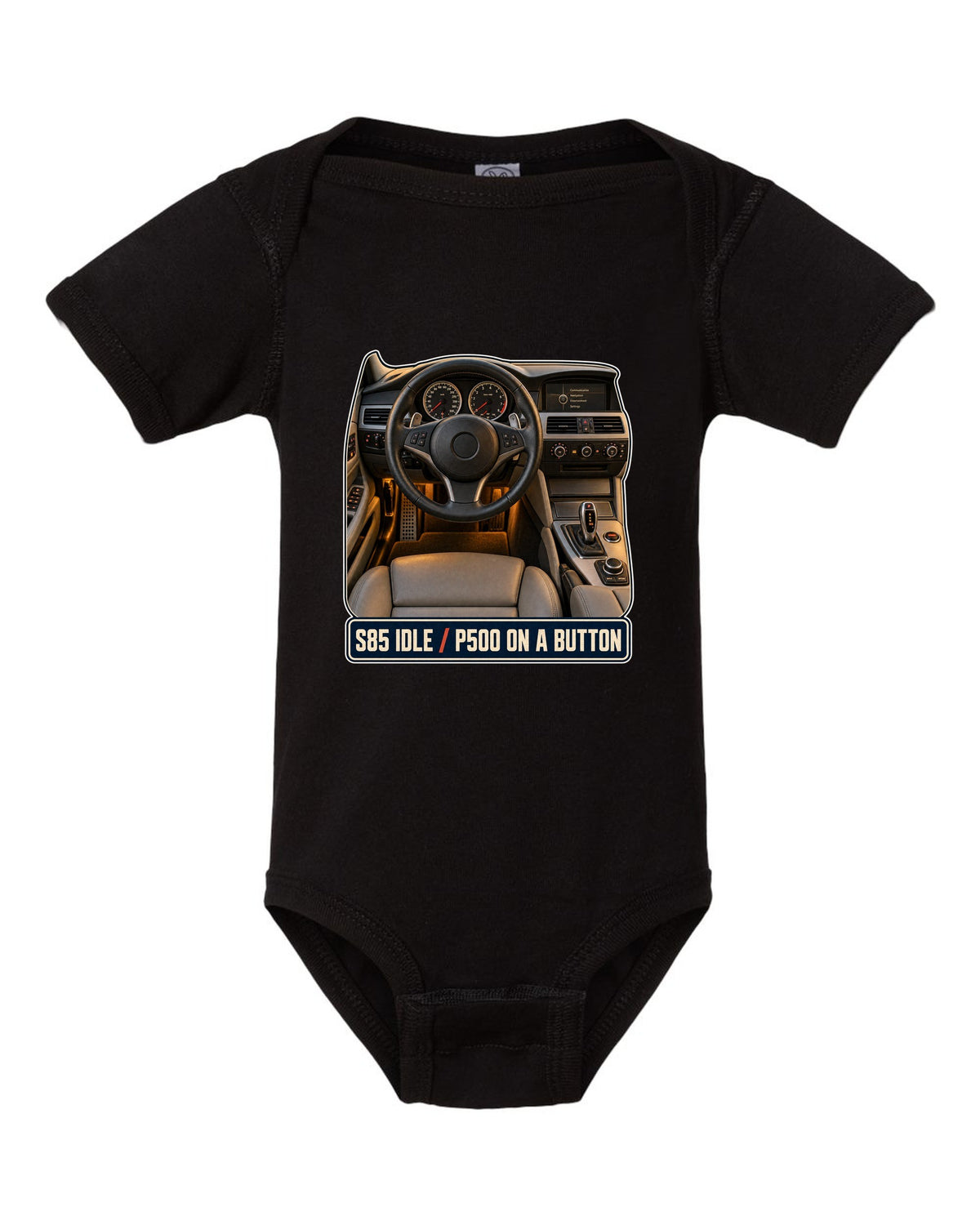 BMW M5 E60 interior cockpit and gauge print black baby onesie front view with the design