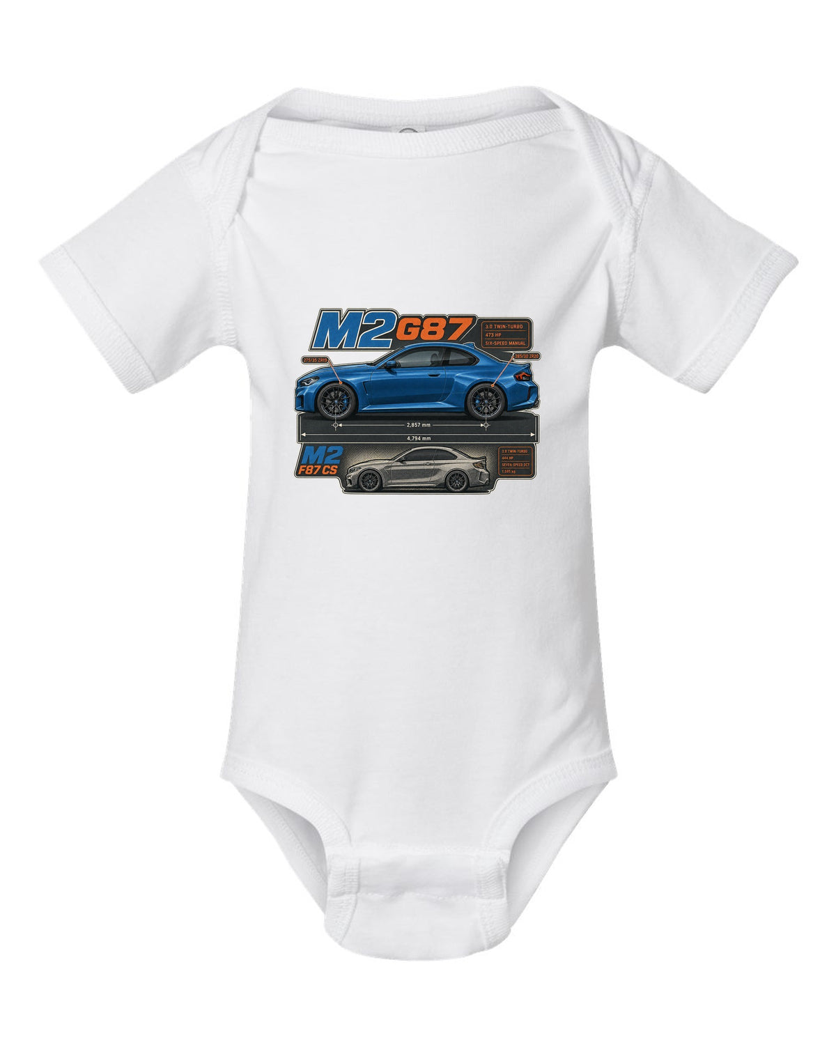 BMW M4 G82 coupe dimension blueprint print with 473 hp and six-speed manual white baby onesie front view with the design