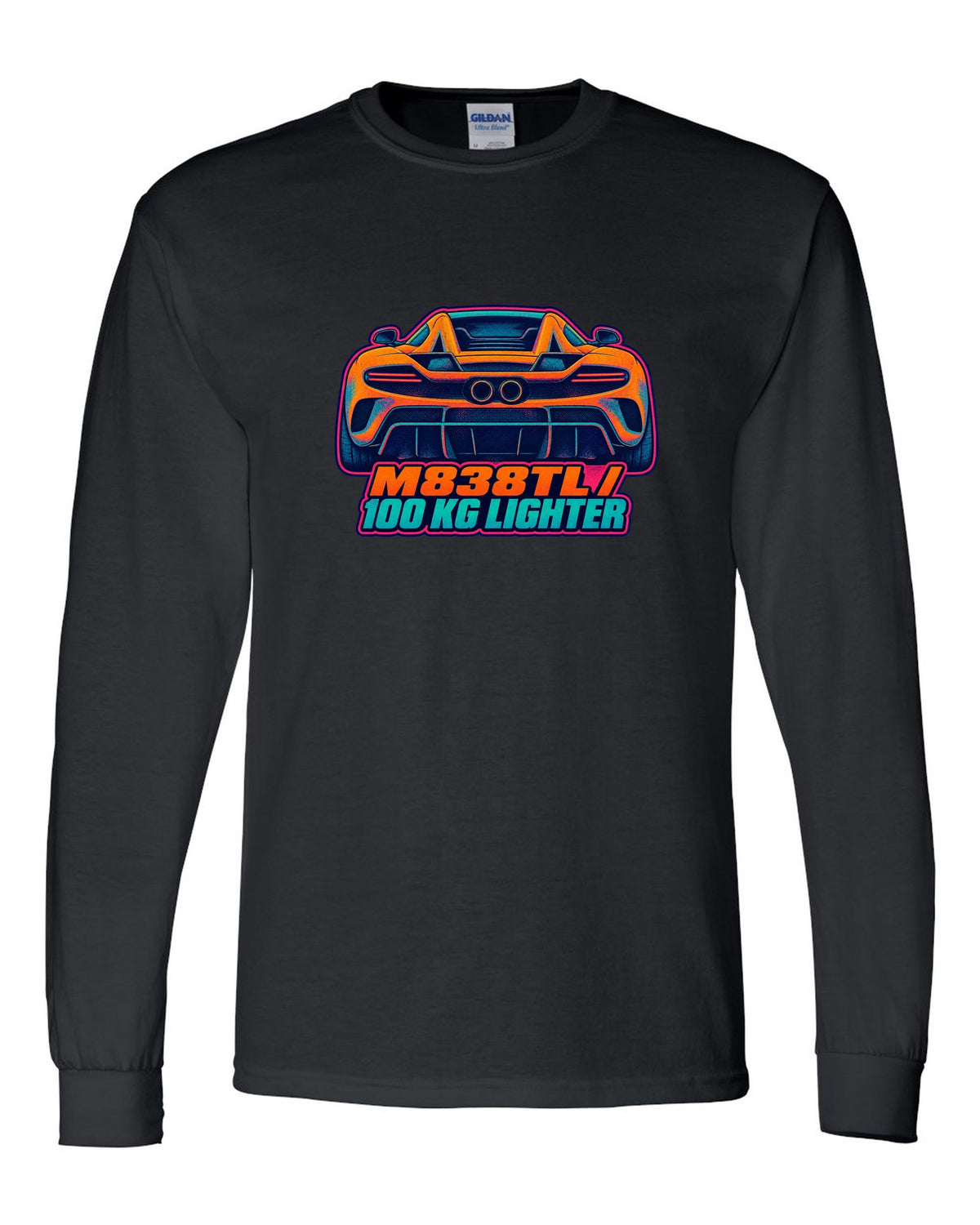 Risograph spot colour print of the McLaren 675LT flying buttress with M838TL and 100 kg Lighter lettering black long sleeve front view with the design
