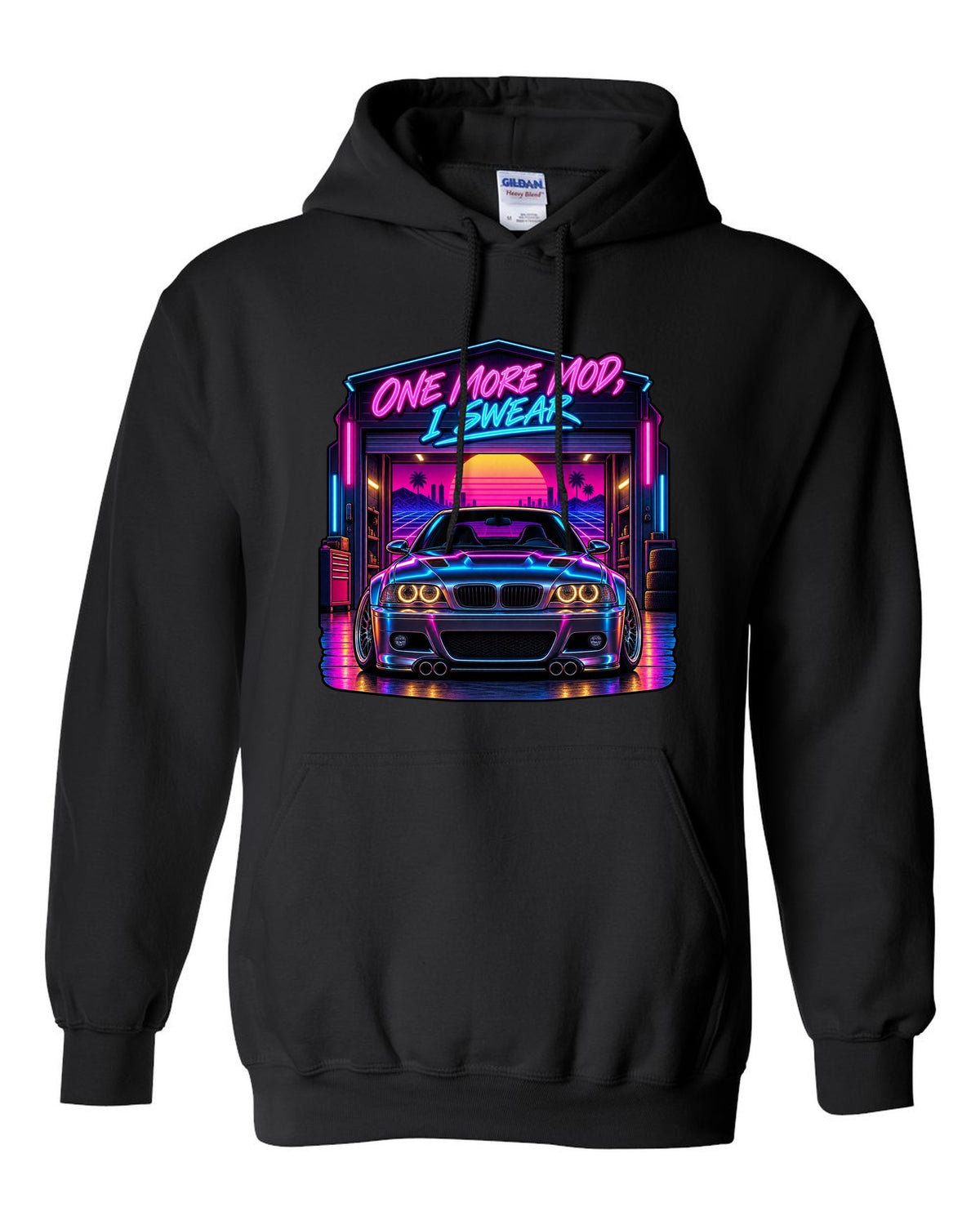 Synthwave outrun print of a BMW E46 M3 coupe with one more mod I swear text black pull over hoodie front view with the design