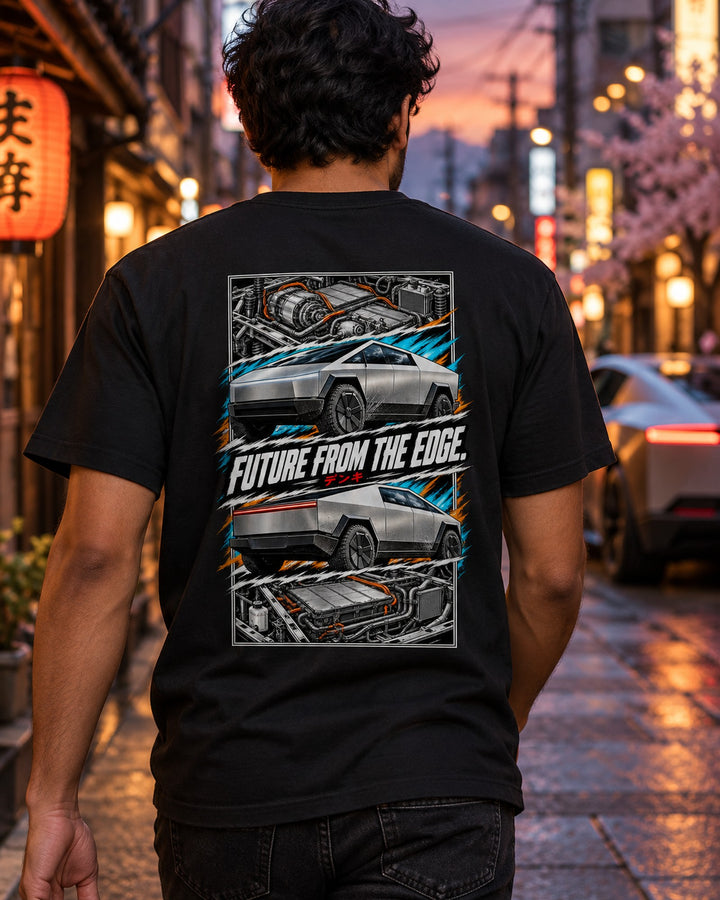 Tesla Cybertruck Torn Poster Full-Back Graphic Tee T-Shirt Black worn hero