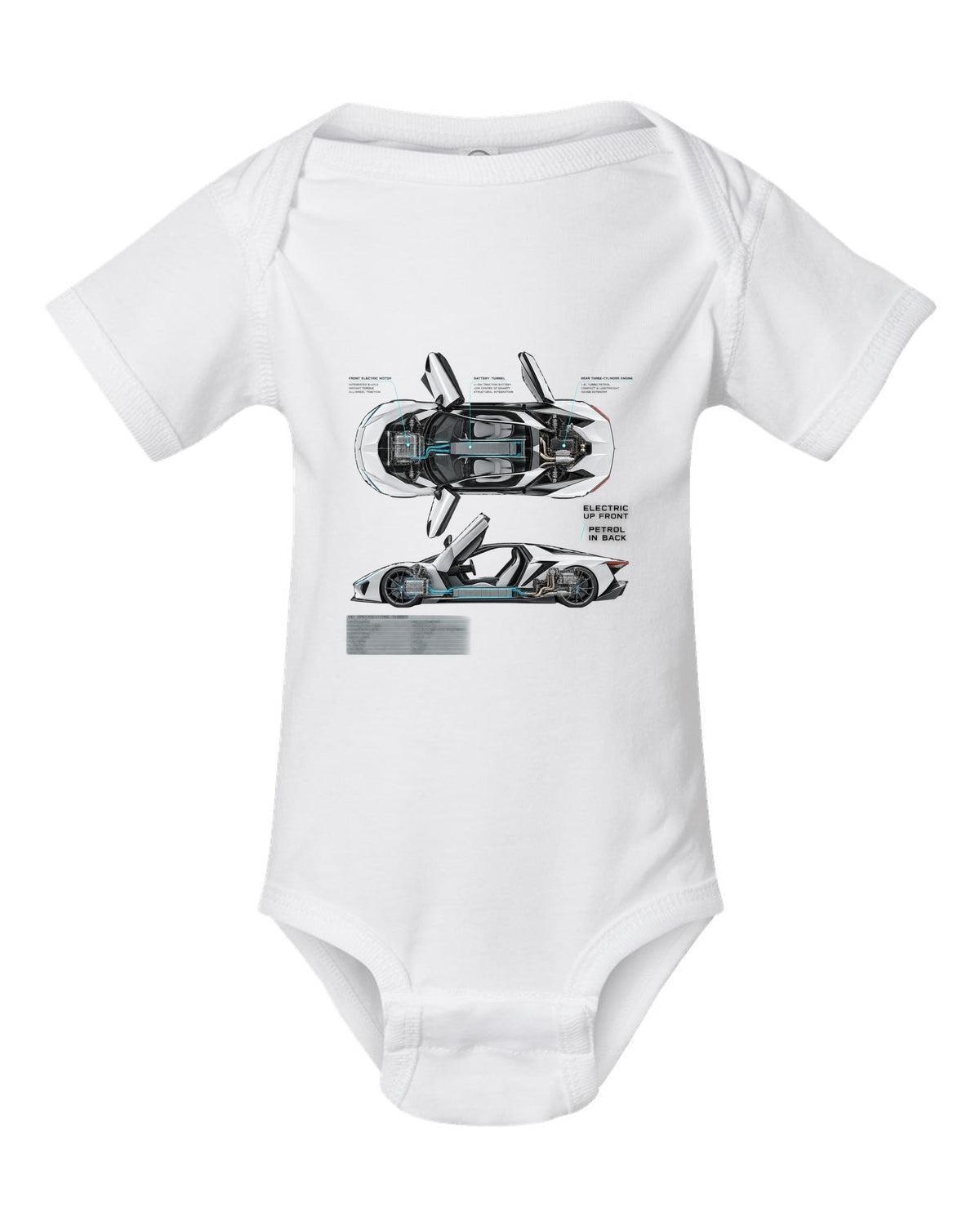BMW i8 I12 spec poster print with electric up front petrol in back text white baby onesie front view with the design