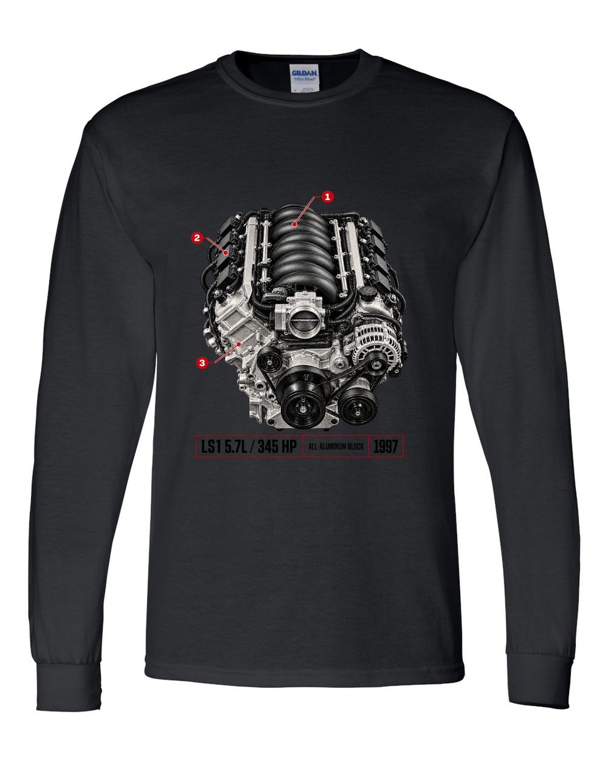 Corvette C5 coupe with LS1 5.7L engine poster print black long sleeve front view with the design