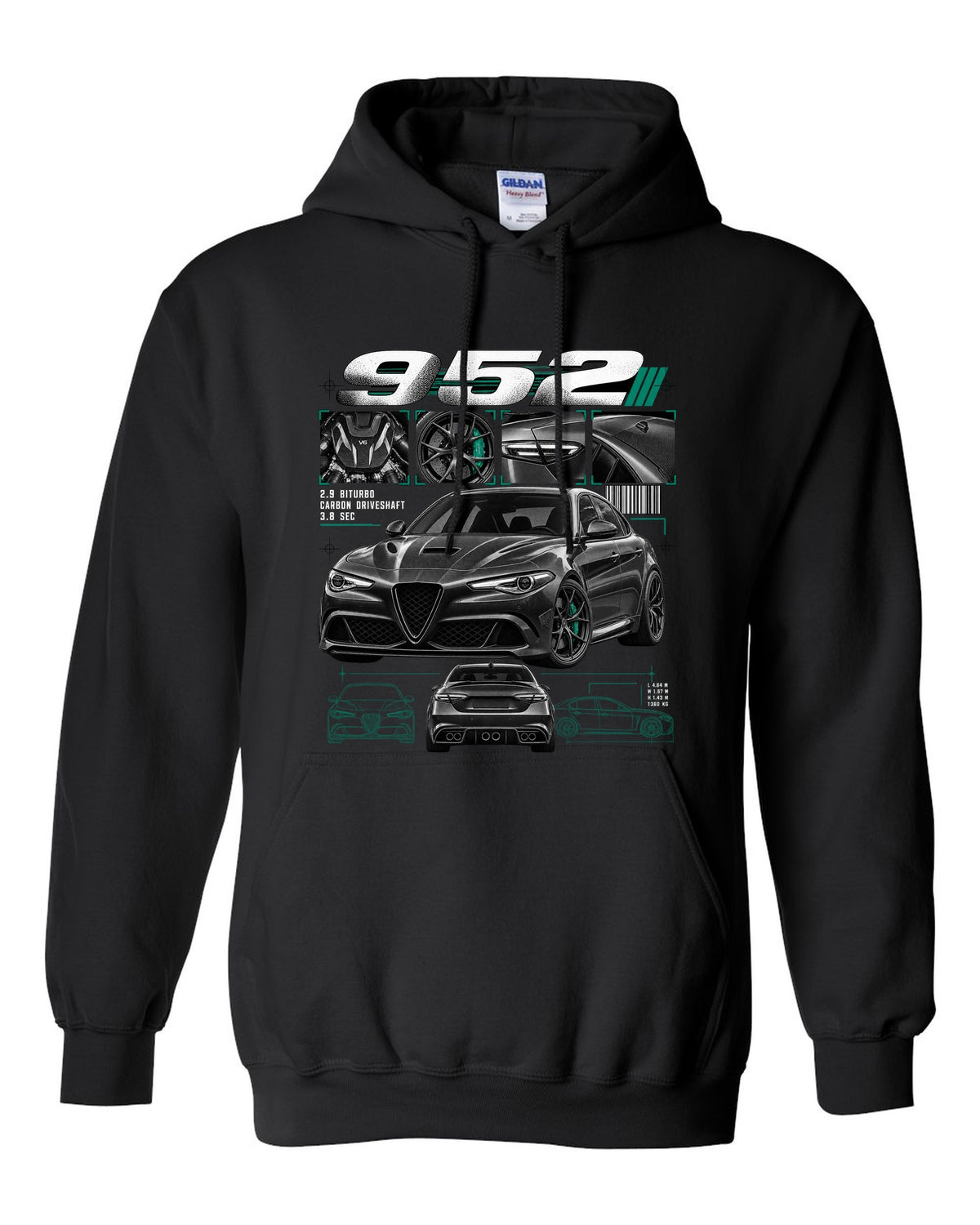 Dossier panel print of an Alfa Romeo Giulia Quadrifoglio 952 with 2.9 biturbo and carbon driveshaft text black pull over hoodie front view with the design
