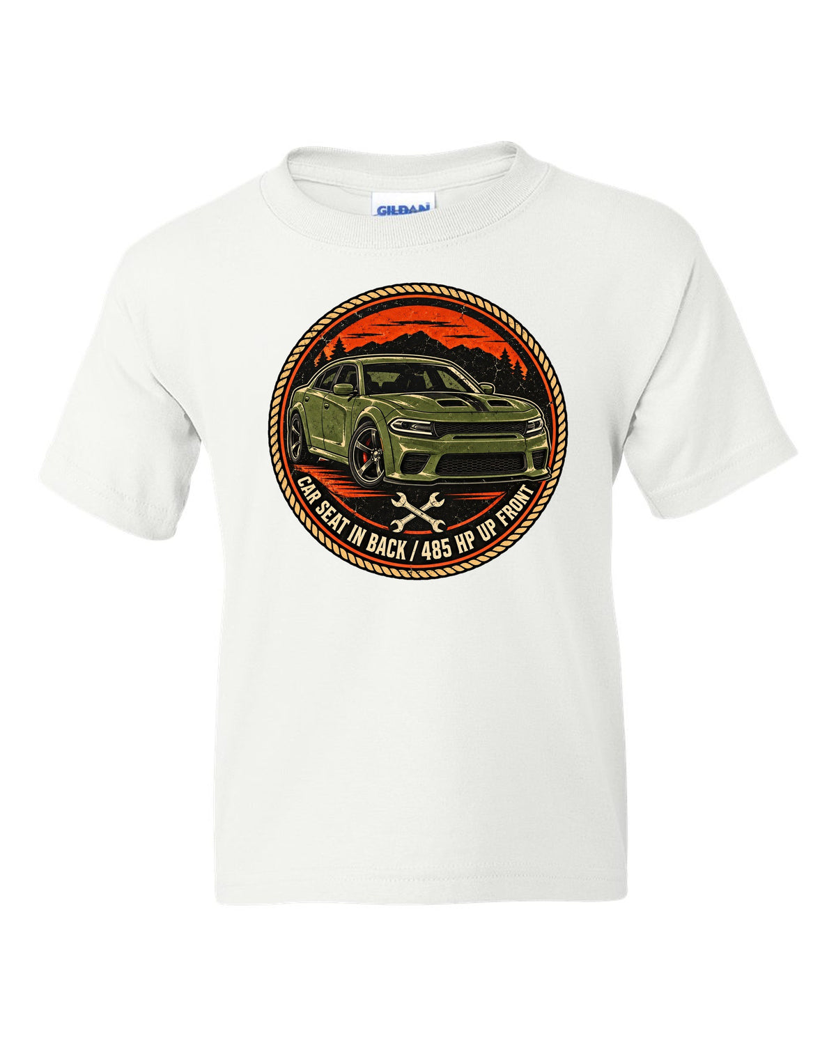 Vintage mechanic roundel patch design of a 2018 Dodge Charger Scat Pack with car seat caption white kids tee front view with the design