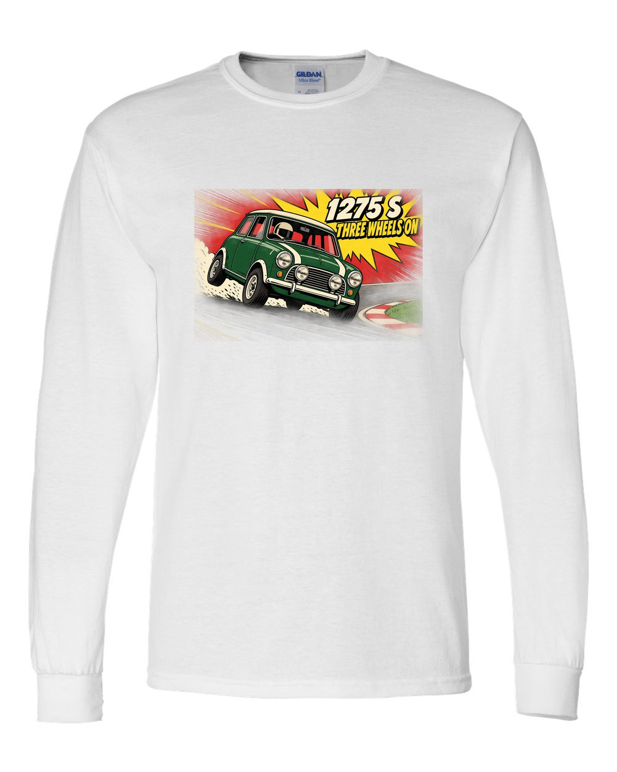 Pop-art flat colour print of a Classic Mini Cooper S 1275 S on three wheels with speed lines white long sleeve front view with the design