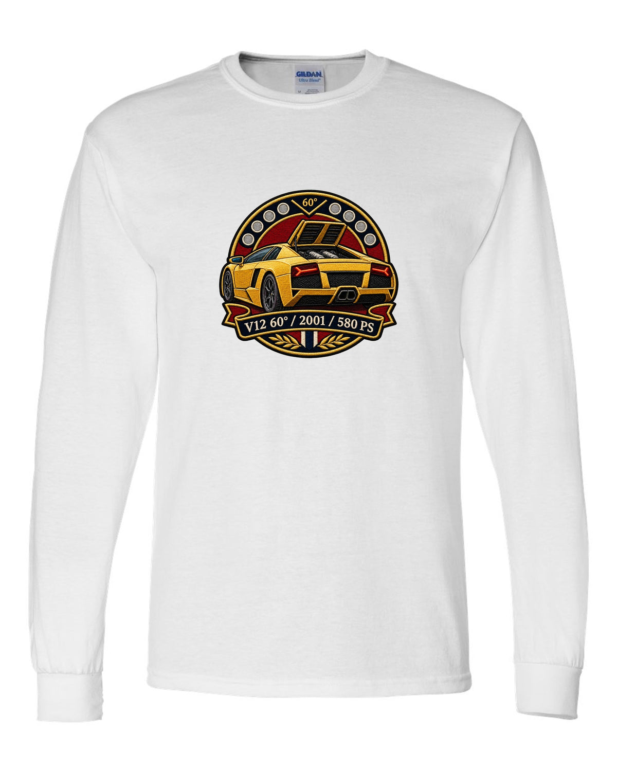 Embroidery-style varsity crest design of a 2001 Lamborghini Murcielago with V12 and 580 PS text white long sleeve front view with the design