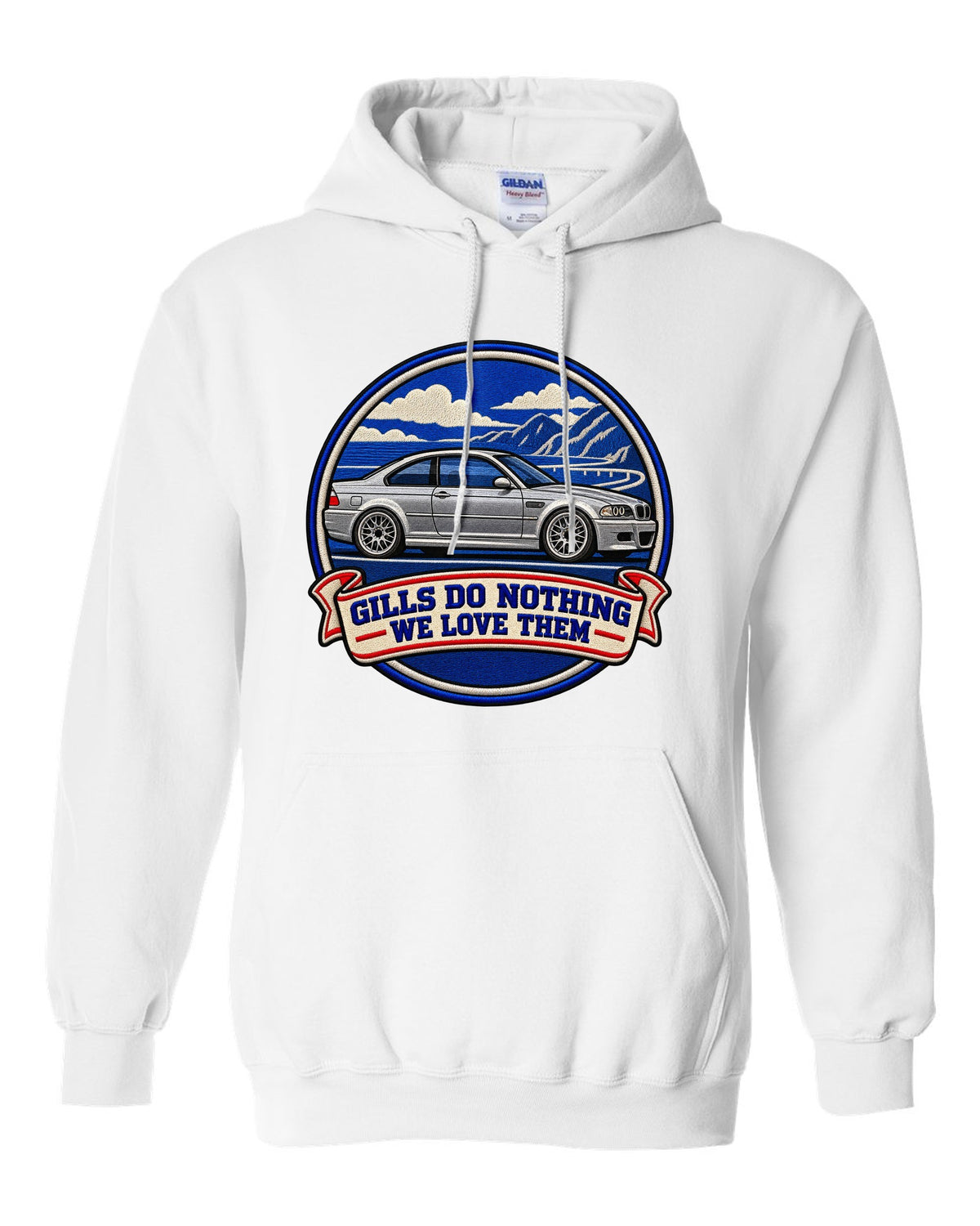 Varsity crest style print of a BMW E46 M3 coupe with gills do nothing we love them text white pull over hoodie front view with the design
