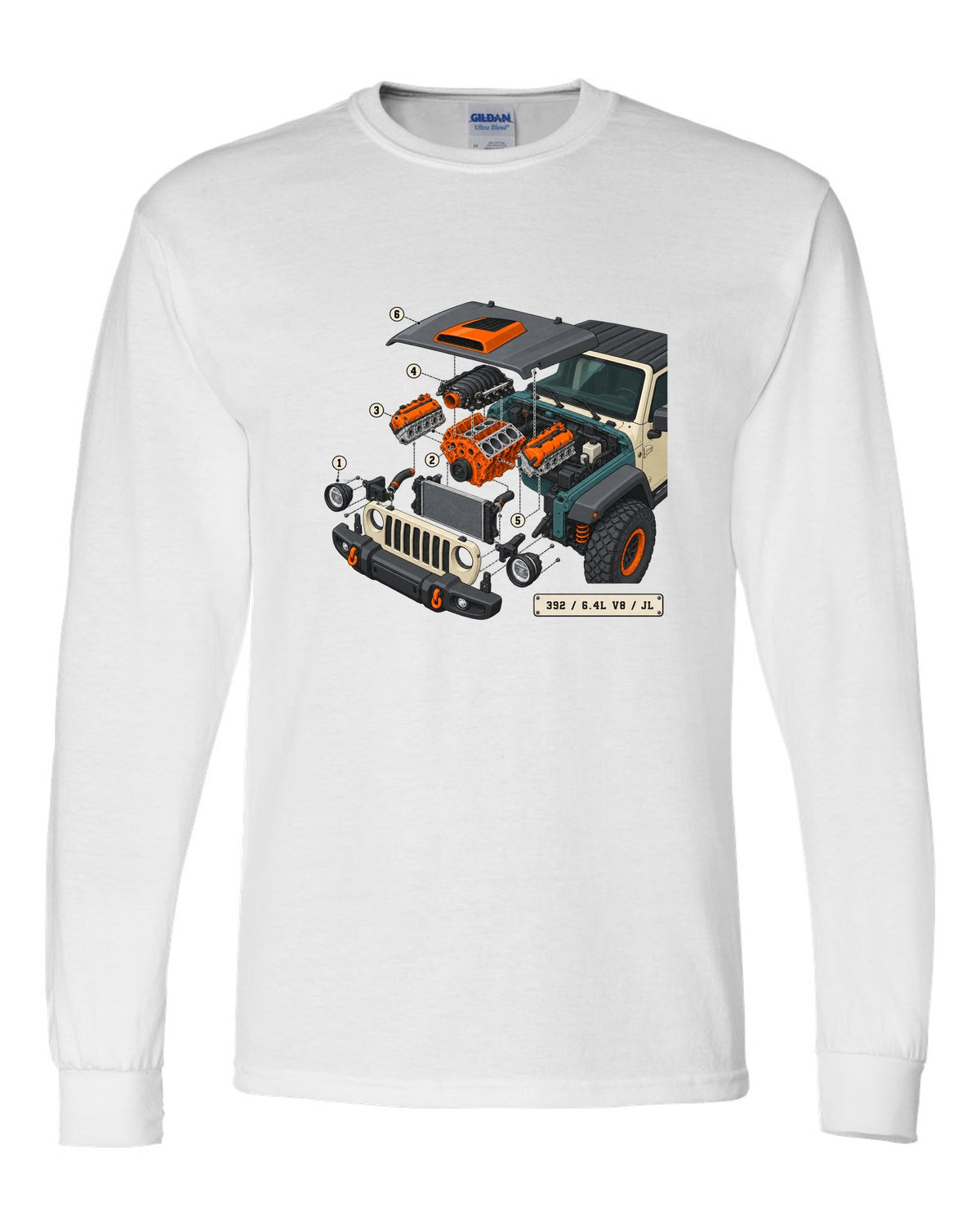 Jeep Wrangler JL Rubicon 392 6.4L V8 isometric exploded engine diagram with callouts white long sleeve front view with the design