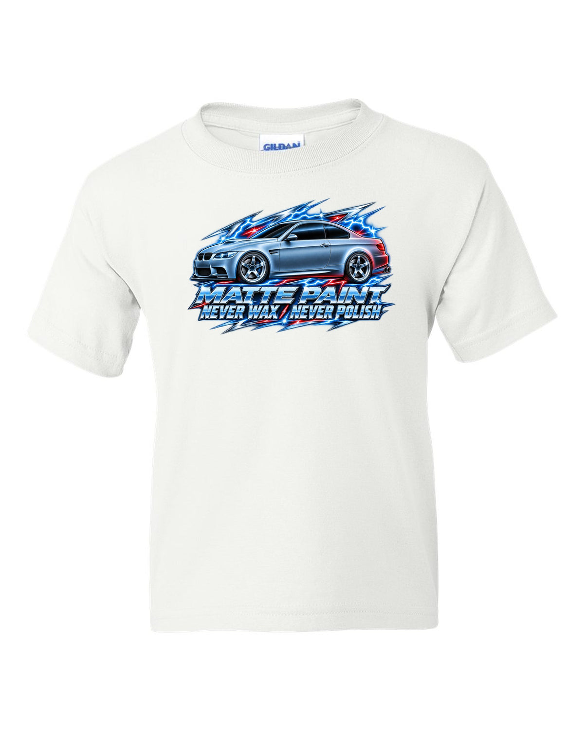 80s chrome airbrush print of a BMW E92 M3 coupe with matte paint never wax never polish text white kids tee front view with the design