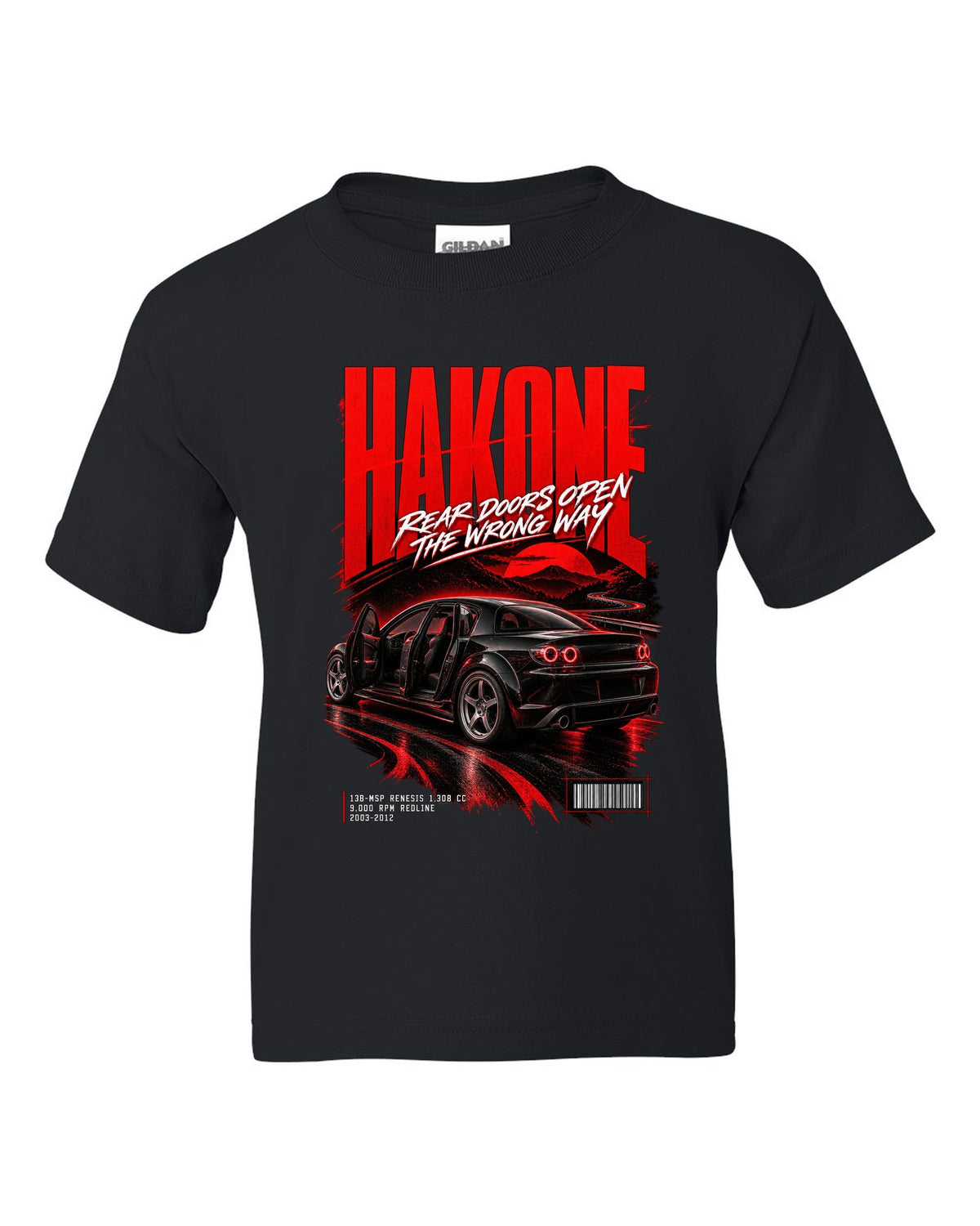 Street poster print for the 2004 Mazda RX-8 SE3P with Hakone lettering and Renesis rotary details black kids tee front view with the design