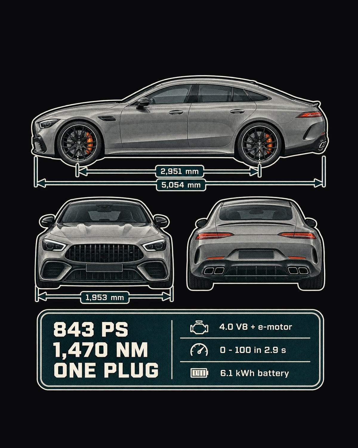 AMG GT 63 S E Performance 4-Door Three-View Spec Table Shirt design only