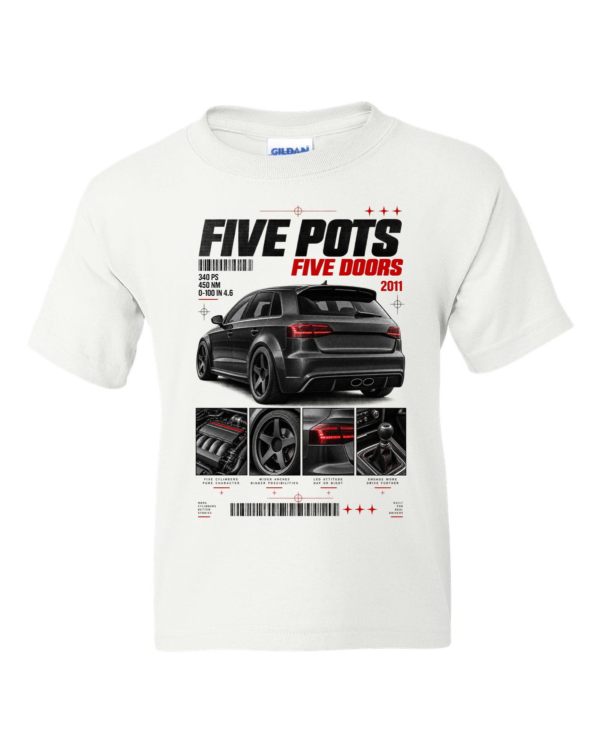 Audi RS3 Sportback 8P rear three-quarter in dossier panels with five pots text white kids tee front view with the design