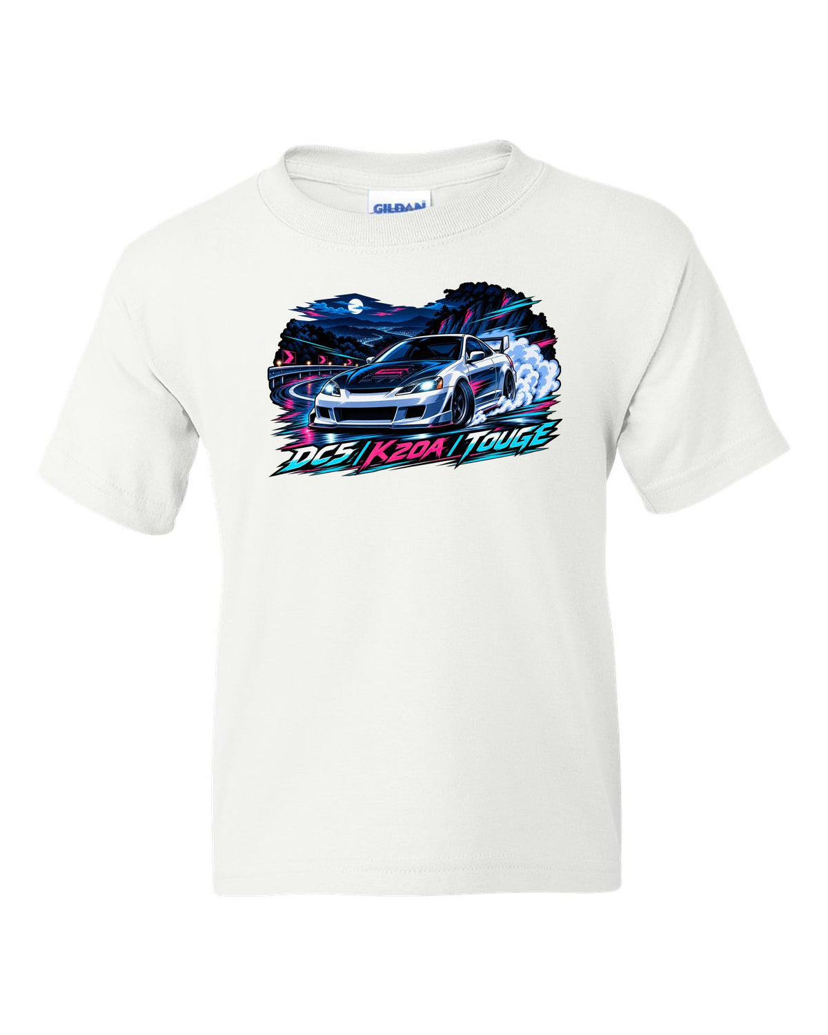 Crest layout print for the Honda Integra Type R DC5 with 6MT only text white kids tee front view with the design