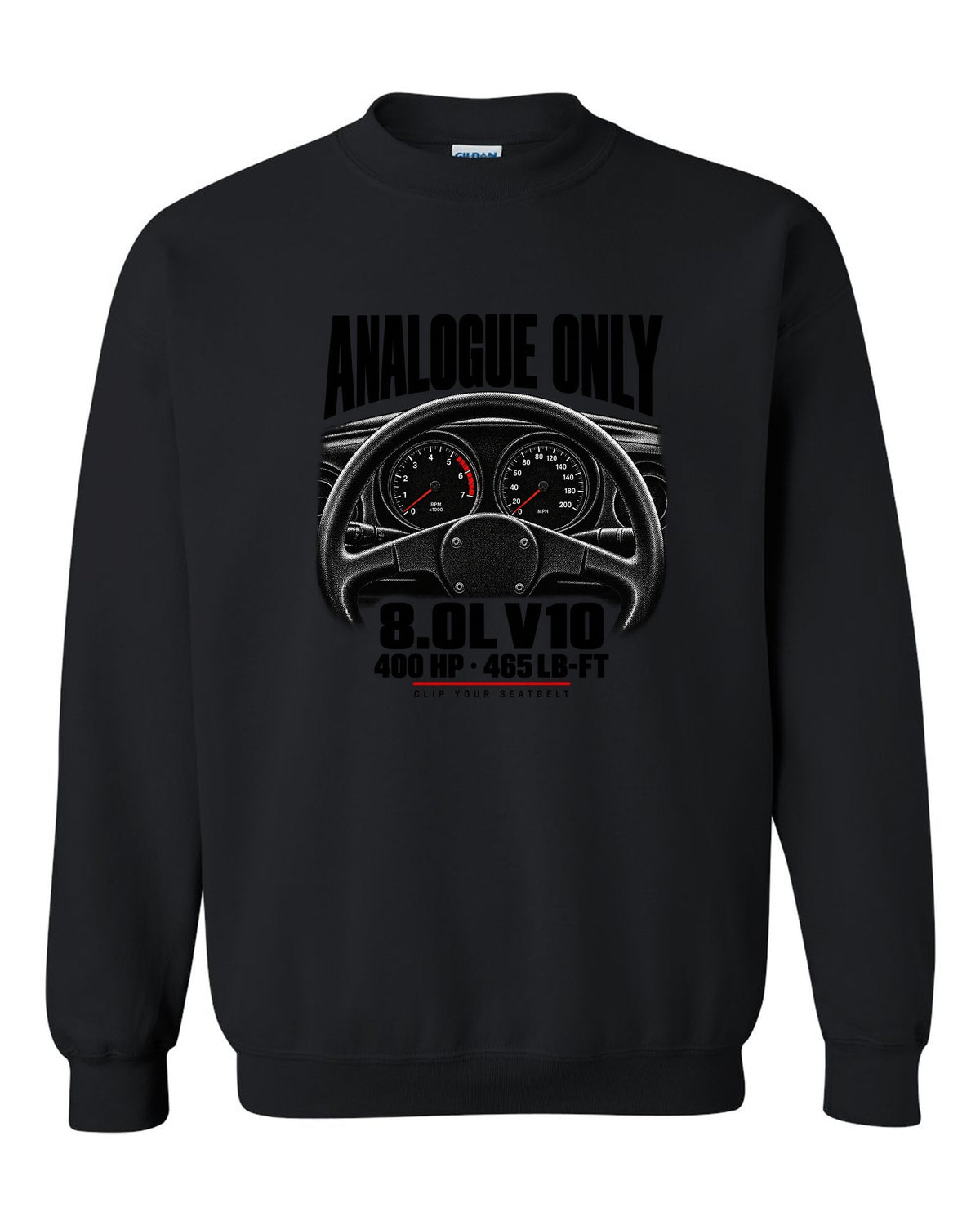 Cockpit gauge print of a 1994 Dodge Viper RT/10 SR I with analogue only and 8.0L V10 text black crewneck front view with the design